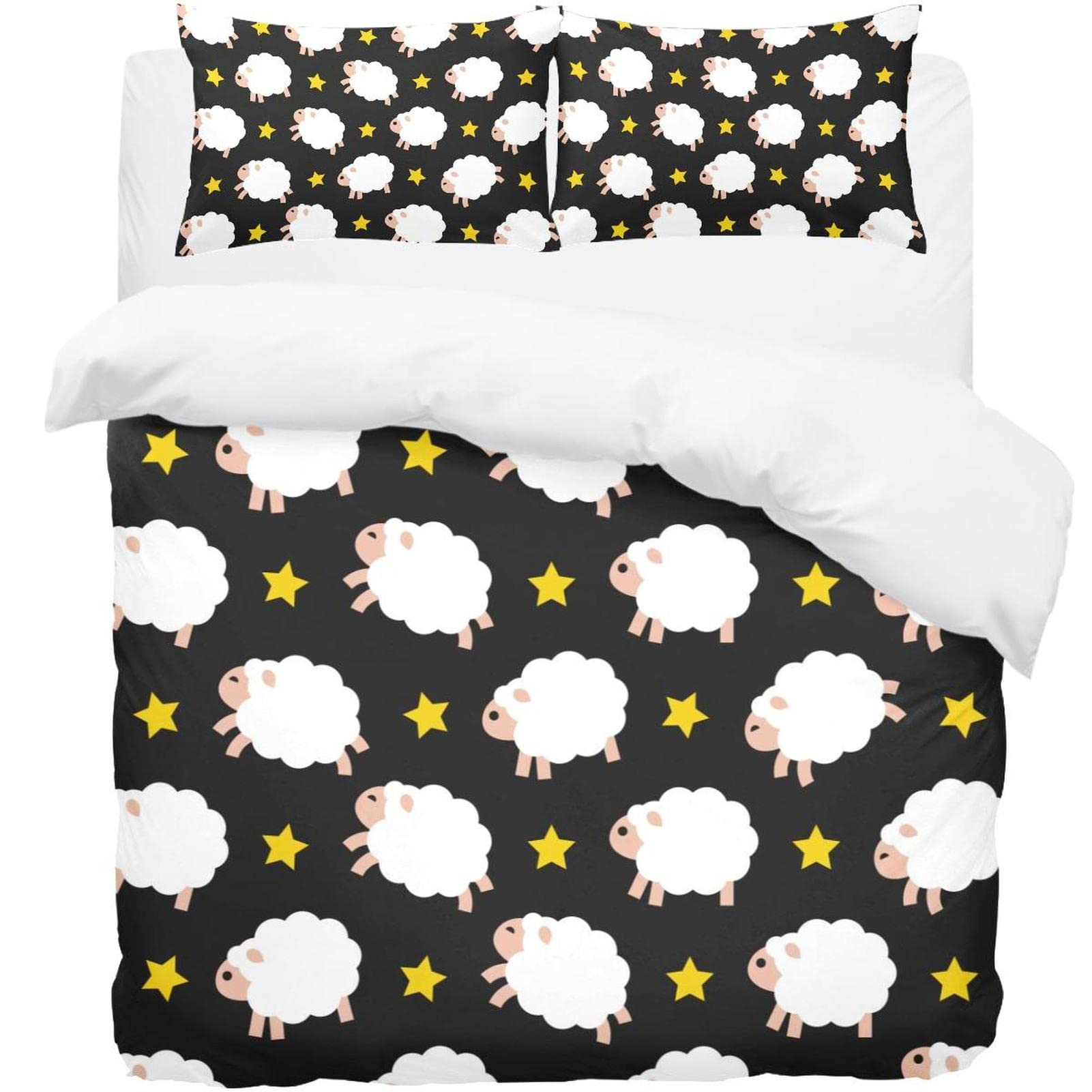 Housse de couette douce motif moutons parure de lit 3 pièces taies d'oreiller lit double