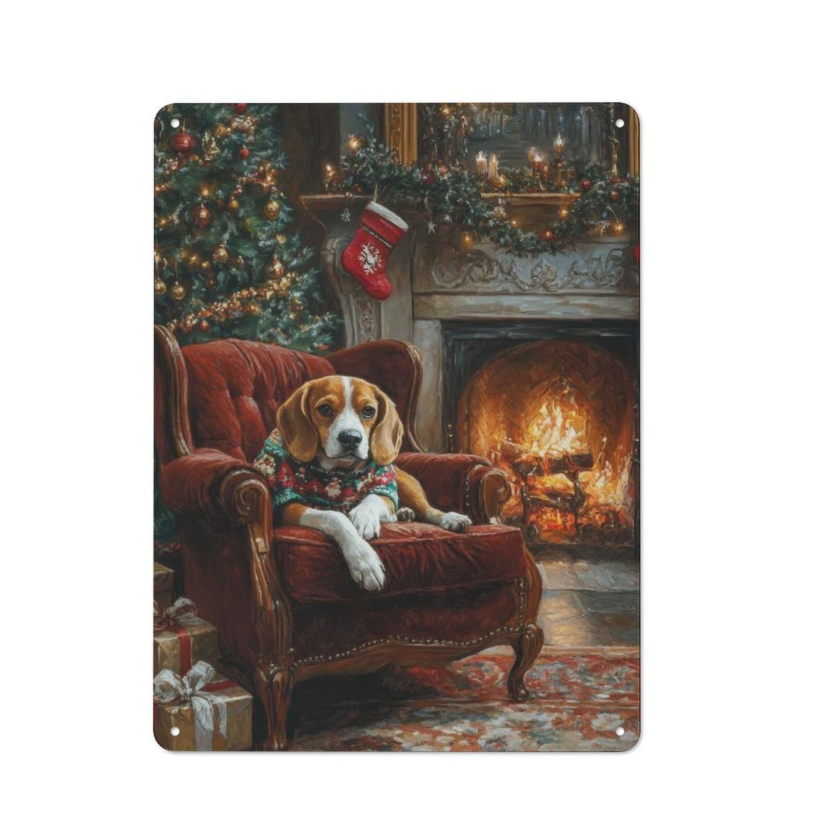 Junmoney Dog In Christmas Sweater Beagle Waiting For Metal Sign 40X30cm With Santa For Pub Or Café, Retro Decor, For Cooler-Month Interiors With Retro Character