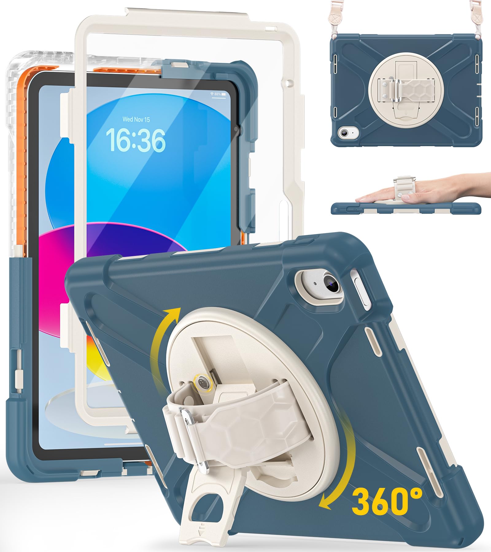 BRAECN Case for iPad A16 11th Generation/ 10th Gen: 11/10.9" 2025/2022 | Heavy Duty Screen Protector 360° Rotating Handle Stand Shockproof Drop Protective Shouler/ Hand Strap Durable Kids Friendly Global Recycled Standard Global Recycled Standard Global Recycled Standard