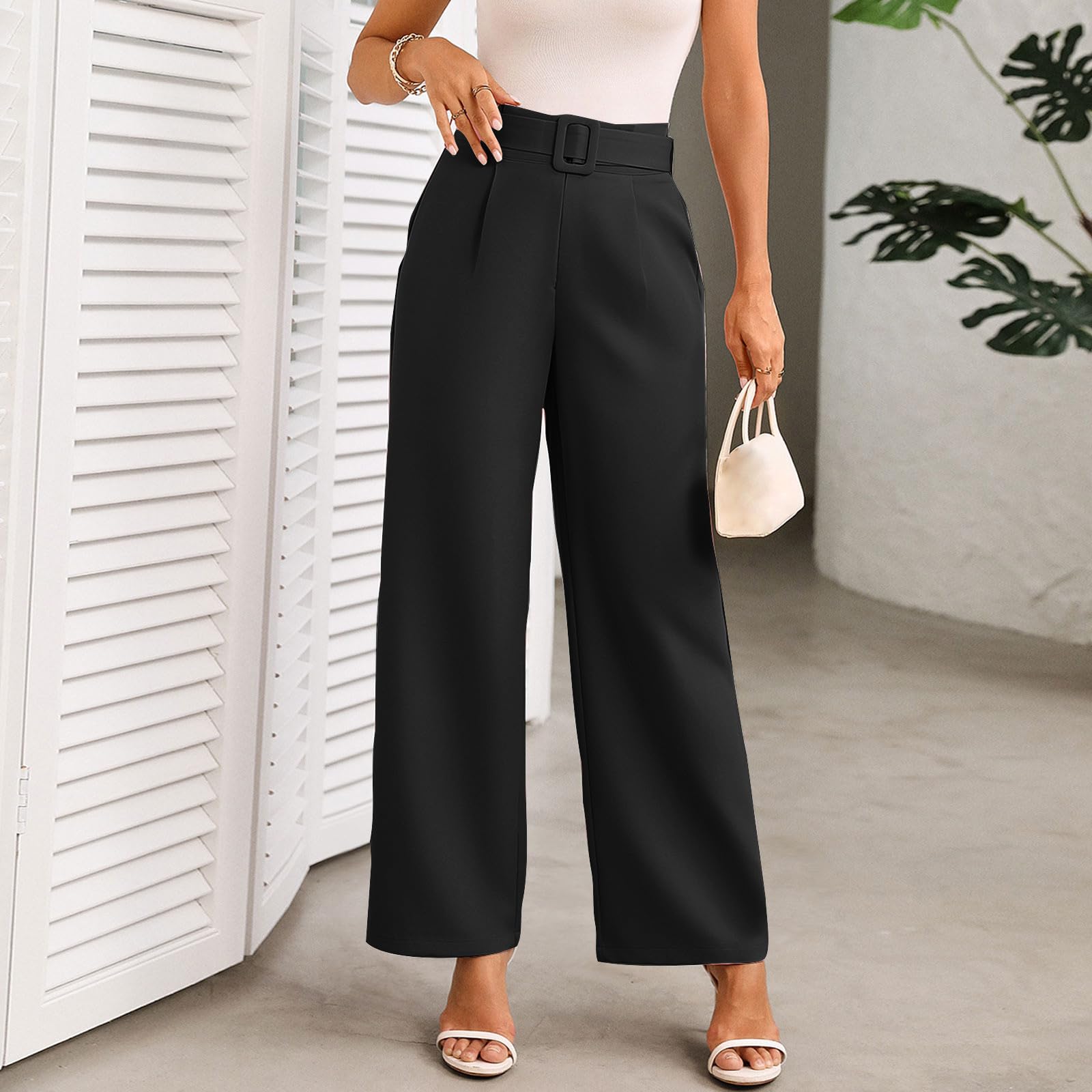 Women's Straight Leg Dressy Pants High Waisted Solid Color Business Casual Work Pants Palazzo Suit Trousers with Belt