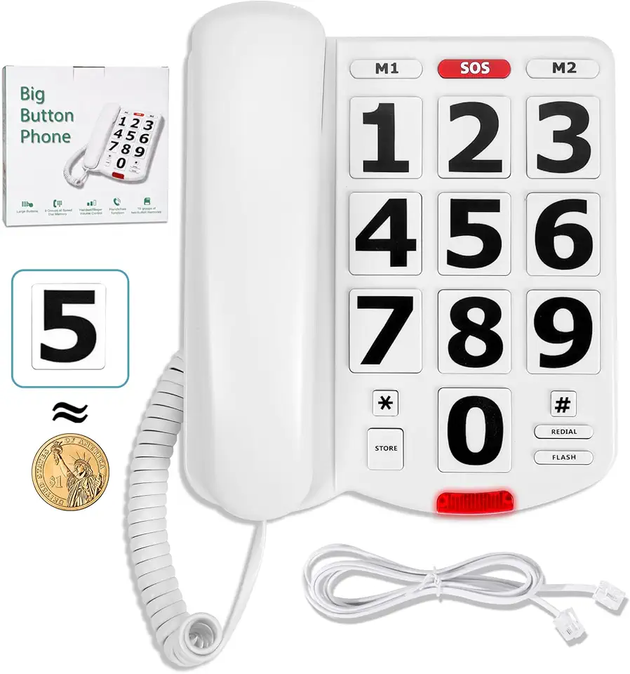 Telefones grandes para idosos, botão grande para idosos, 110dB+ volume de toque e 80dB + volume do fone de ouvido, telefone de alto volume, telefones fixos para deficientes auditivos e visuais para