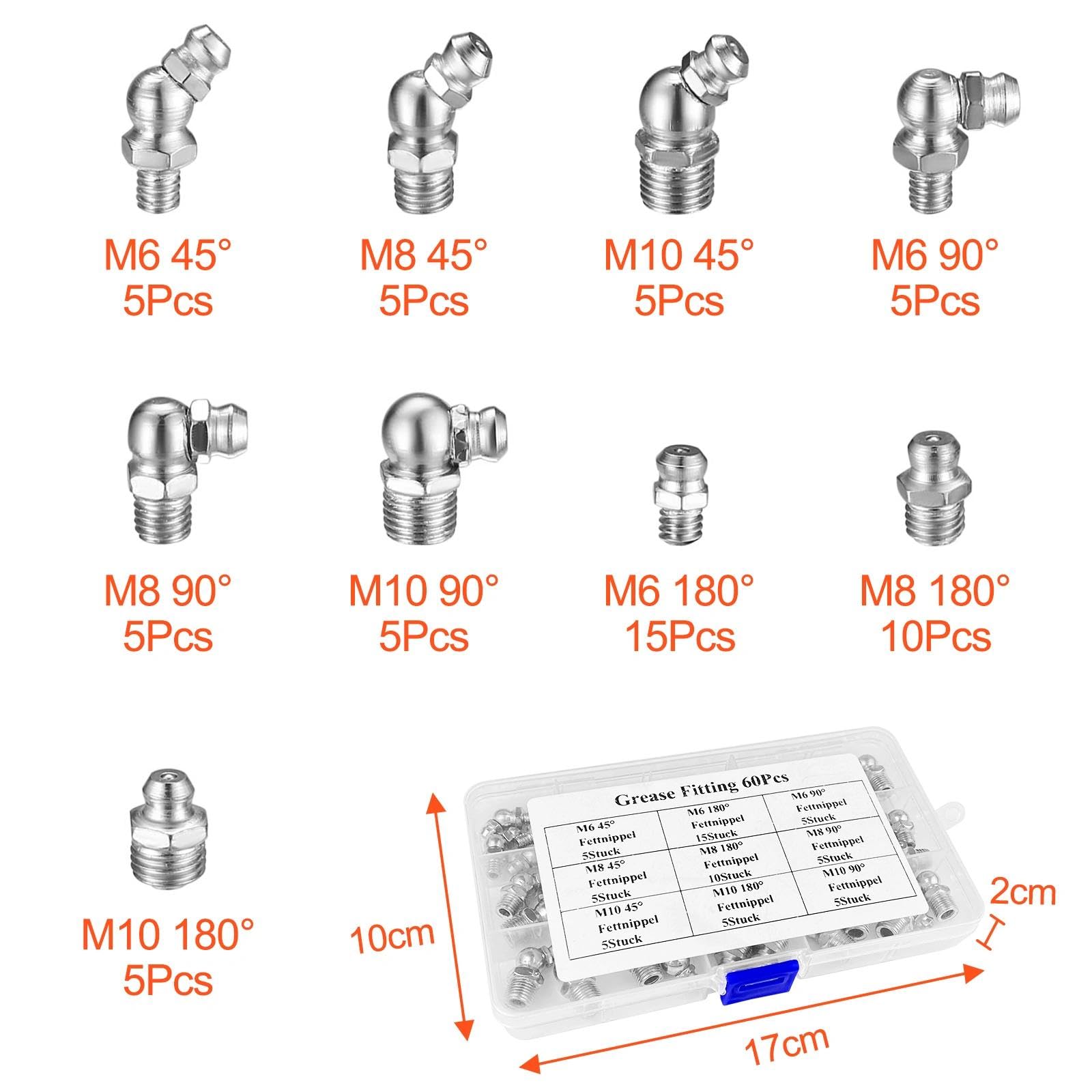 Comzantor 60 Pièces graisseur a Visser, Assortiment Graisseur M6 M8 M10, Droit Graisse Raccord 45° 90° 180°, avec Boîte en Plastique, pour Équipement Mécanique, Embout de Graissage Fixations - 2