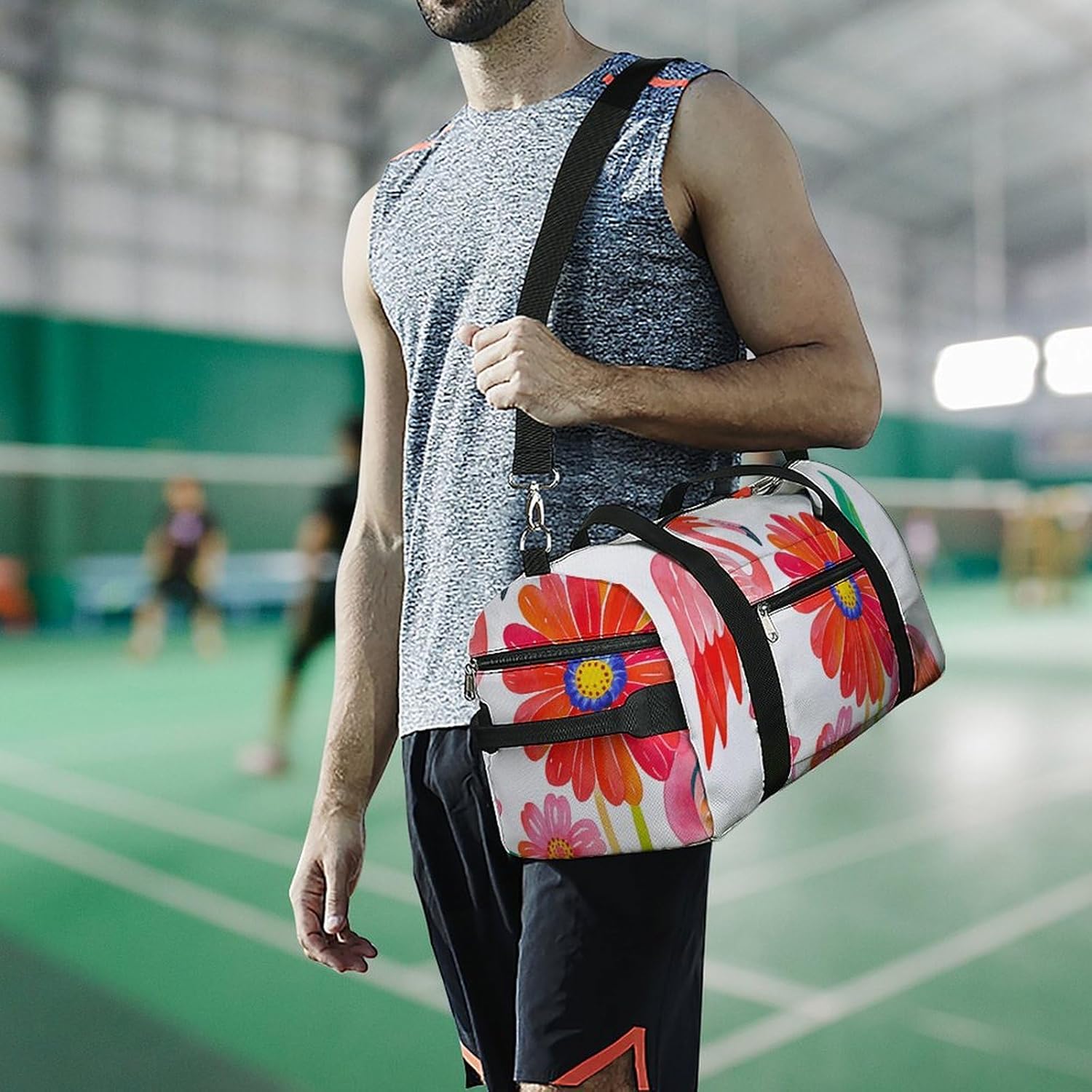 Gym Bag for Men Travel Duffle Bag Flowers And Flamingos Tote Bag Weekender Duffel Bag Weekender Bag for Sports