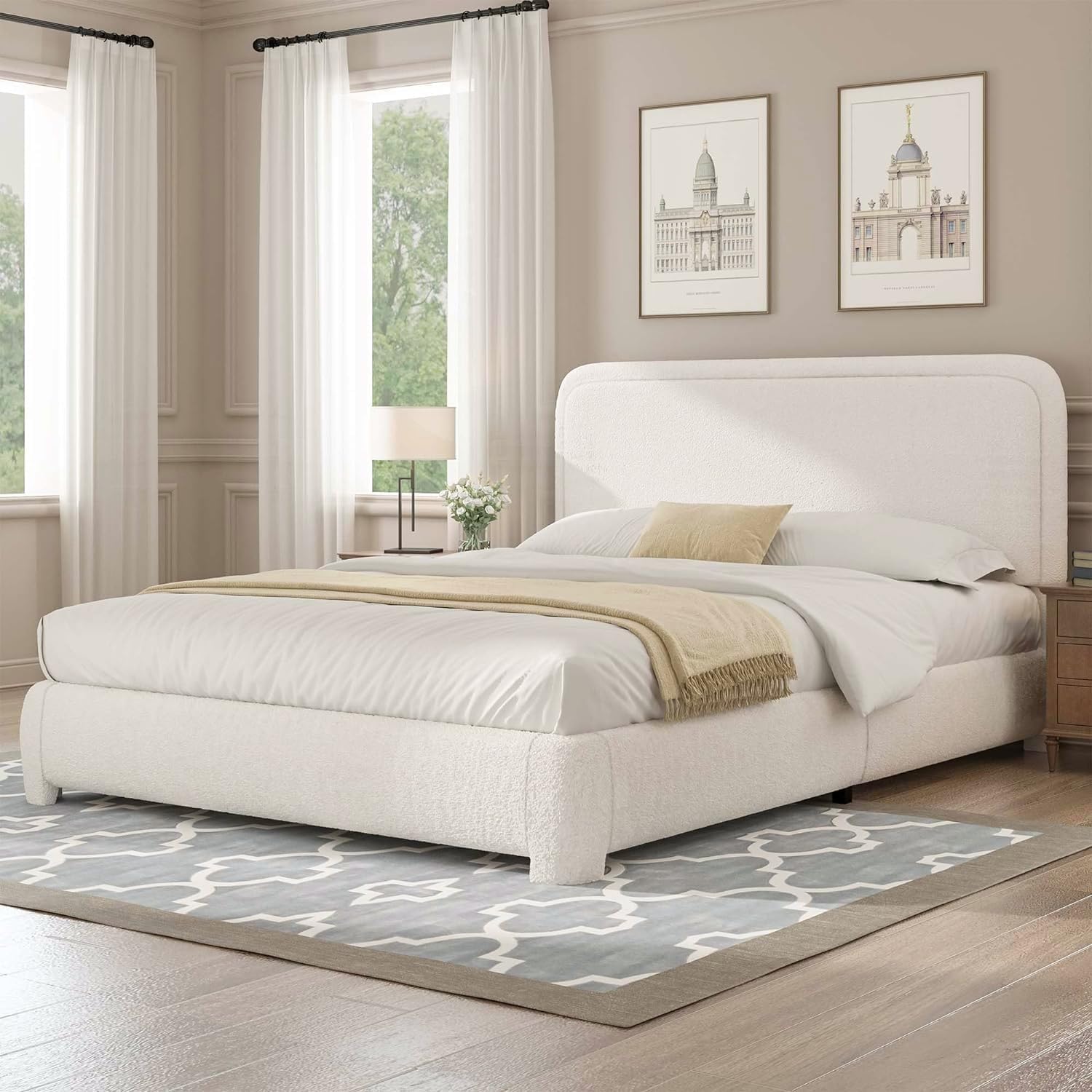 full size bed frame, boucle upholstered platform bed frame with headboard, modern style, soft rounded corners, no box spring required, easy assembly, beige