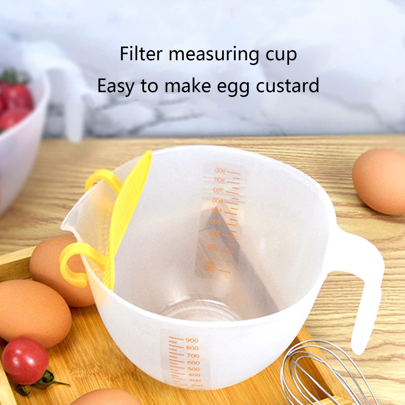 Nawwgy Useful Liquid Mixing Cup Built-in Filter Plate Stirring Clear Visible Beating Bowls Measuring Cups 1L Large Capacity Baking Plastic Whisk