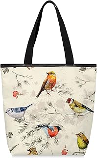 Sacolas de lona com zíper e bolso interno, bolsa de ombro feminina casual, bolsa de mão, flor de pássaro, bolsas de compras reutilizáveis para cozinha, sacolas de lona para uso para livros, sacolas de compras, sacolas de presente, Multicor