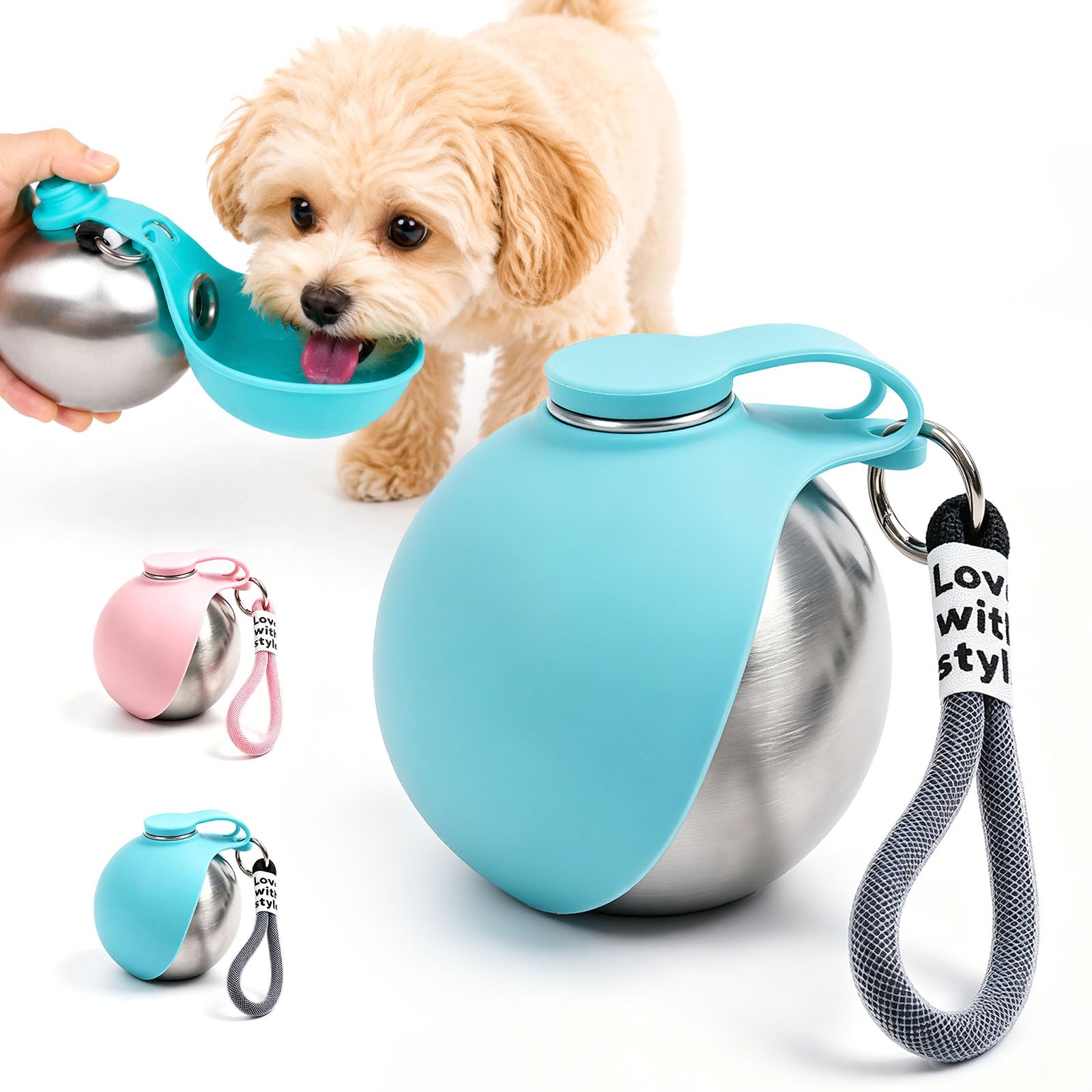 Botella de Agua para Perros 2 en 1 Portátil, 285ml, Bebedero de Acero Inoxidable Antifugas con Cuenco Plegable de Silicona, para Paseos, Senderismo y Excursiones – Ligero y Duradero (Azul Tiffany)