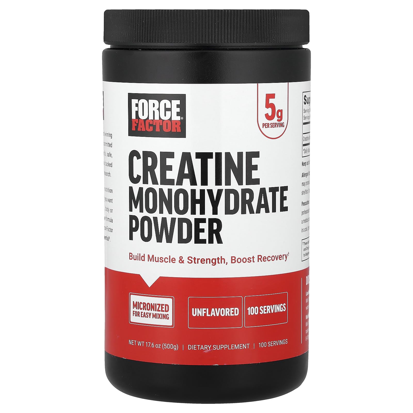 Force Factor Creatine Monohydrate Powder, 5g Micronized Dose to Support Muscle Growth, Strength, Recovery, Cognitive Health & Memory, Unflavored, 100 Servings