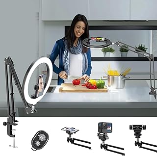 Overhead Camera Mount with 10" Ring Light and Phone Holder for Desk,Phone Mount Arm Stand with Remote for iPhone,Overhead Tripod for Viedo Recording Vlog YouTube TikTok Live Stream Cooking Nail Art