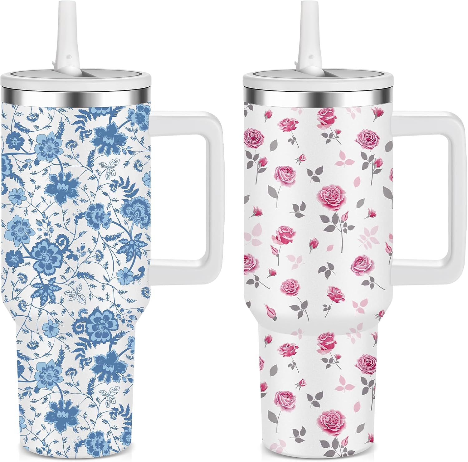 FOLAI 2 Pack 40oz Insulated Tumbler with Handle, Straw & Flip Lid, 100% Leak-Proof Stainless Steel Double Wall Vacuum Cup - 24H Cold & 10H Hot, Cup Holder Friendly Travel Tumbler | Blue & Pink Floral
