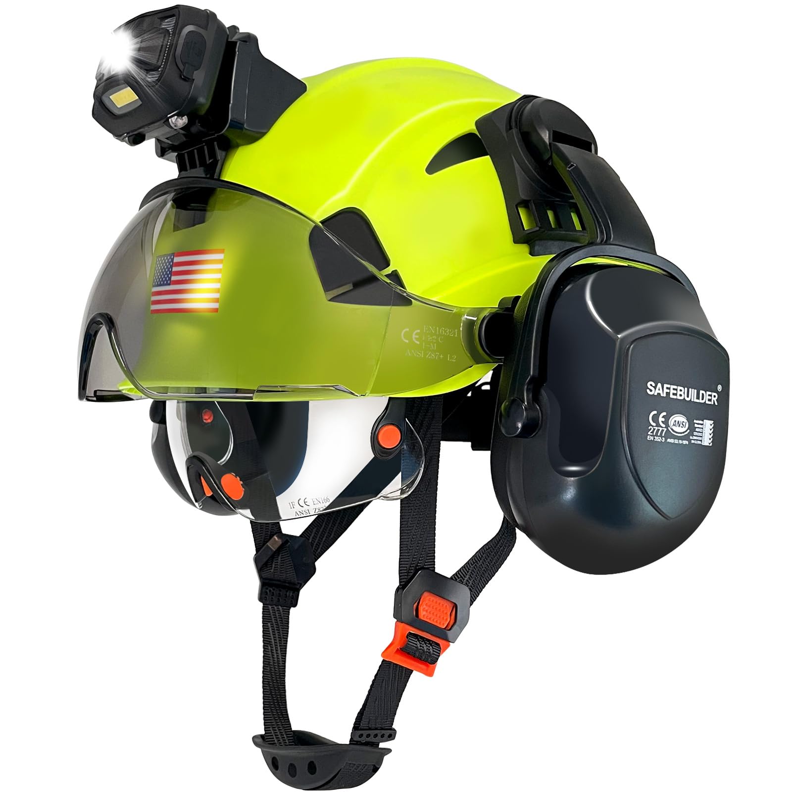 SAFEBUILDER Hard Hats with Headlight Lamp Safety Helmet with Visor Vented Adjustable Ear Muffs ANSI Z89.1