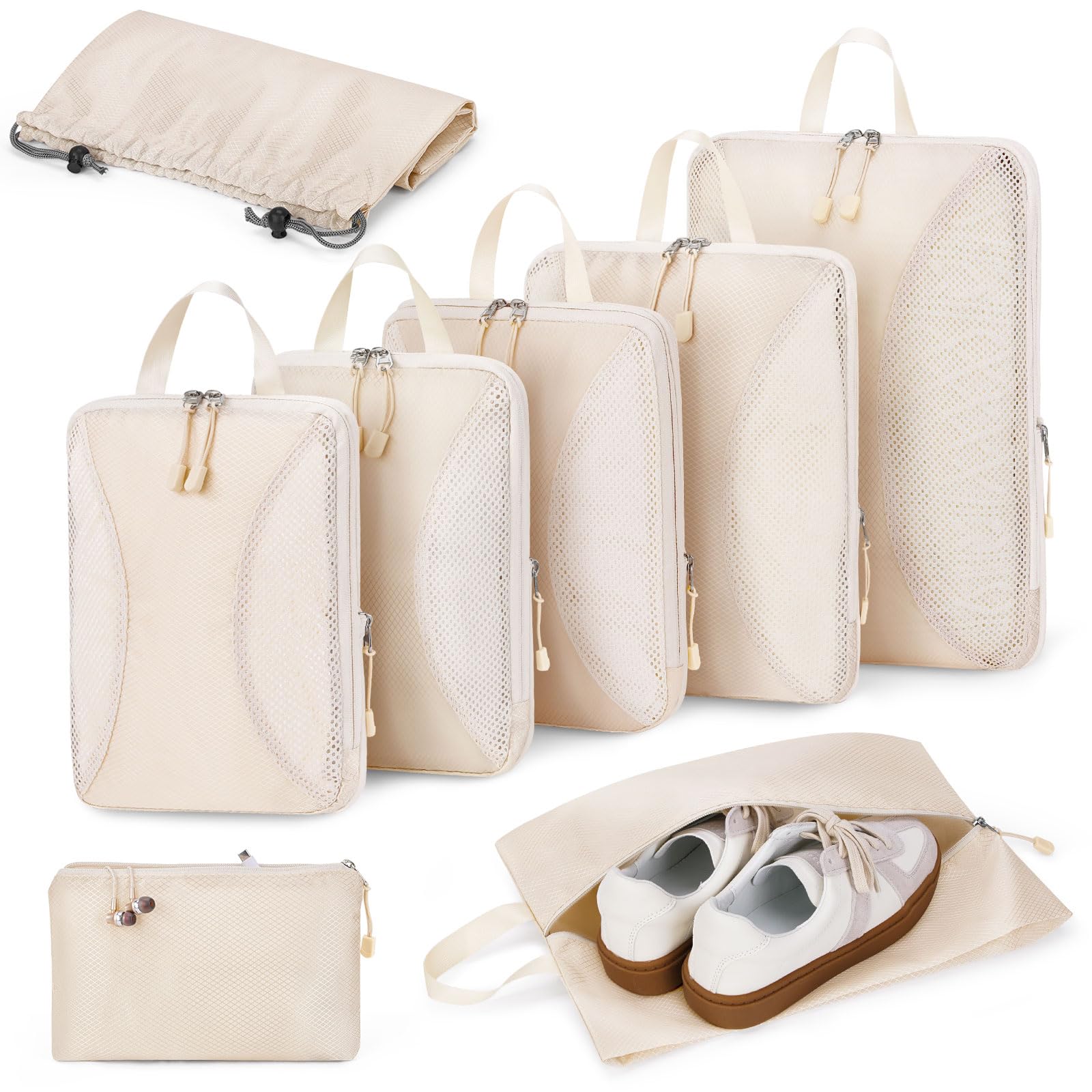 Compression Packing Cubes 8 Sets, Packing Organizers, Extensible Suitcase Organiser Bags, Travel Organizer Cubes for Travel Essentials Beige