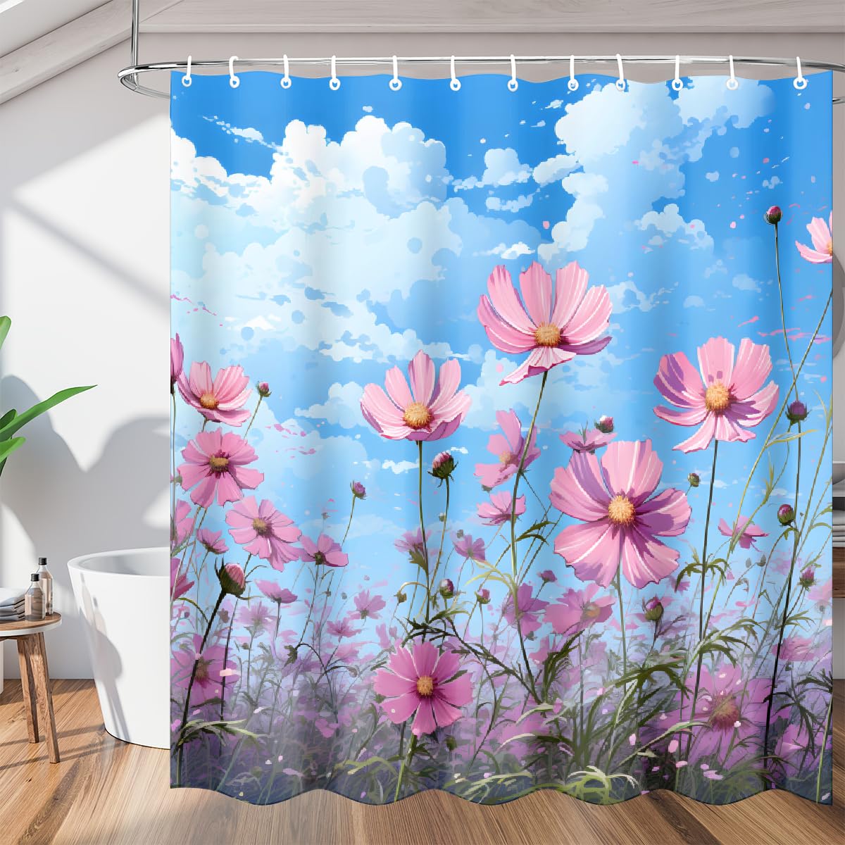 Rideau de douche imperméable fleurs roses 168x183 cm