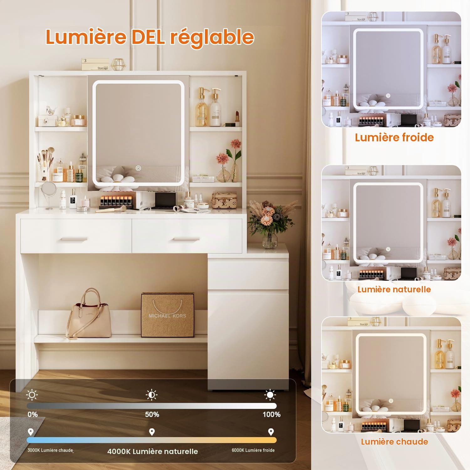 JUMMICO Coiffeuse avec éclairage Miroir LED (3 Niveaux de luminosité et 3 températures de Couleur), Grande Coiffeuse avec 6 Compartiments, 2 tiroirs, Armoire latérale et étagère, 117 x 40 x 140 cm