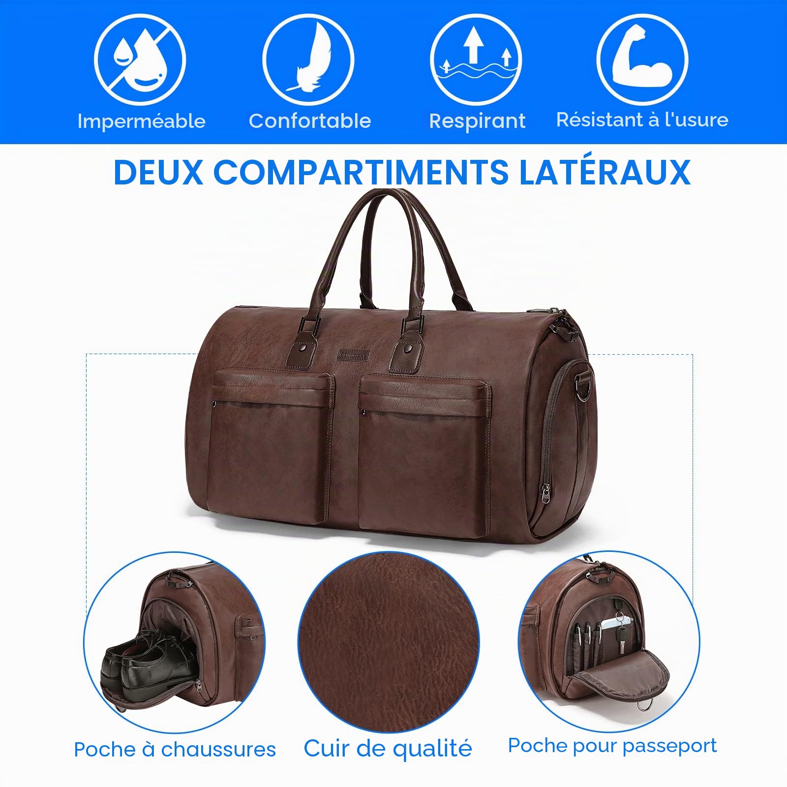 Modoker Sac à vêtements Convertible en Cuir, Sac à vêtements pour Voyage, Sac de Voyage imperméable, Cadeau pour Homme, Femme, Affaires – 2 en 1 Valise à Suspendre, Costume, Sacs de Voyage, Marron