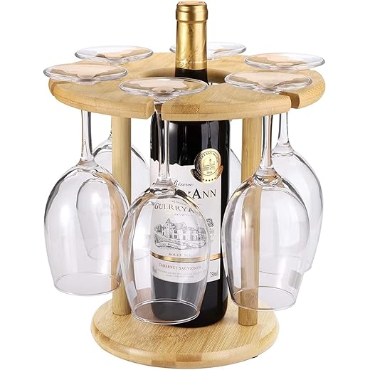 HOKIPO Bamboo Wine Glass Rack Holds 6 Glass
