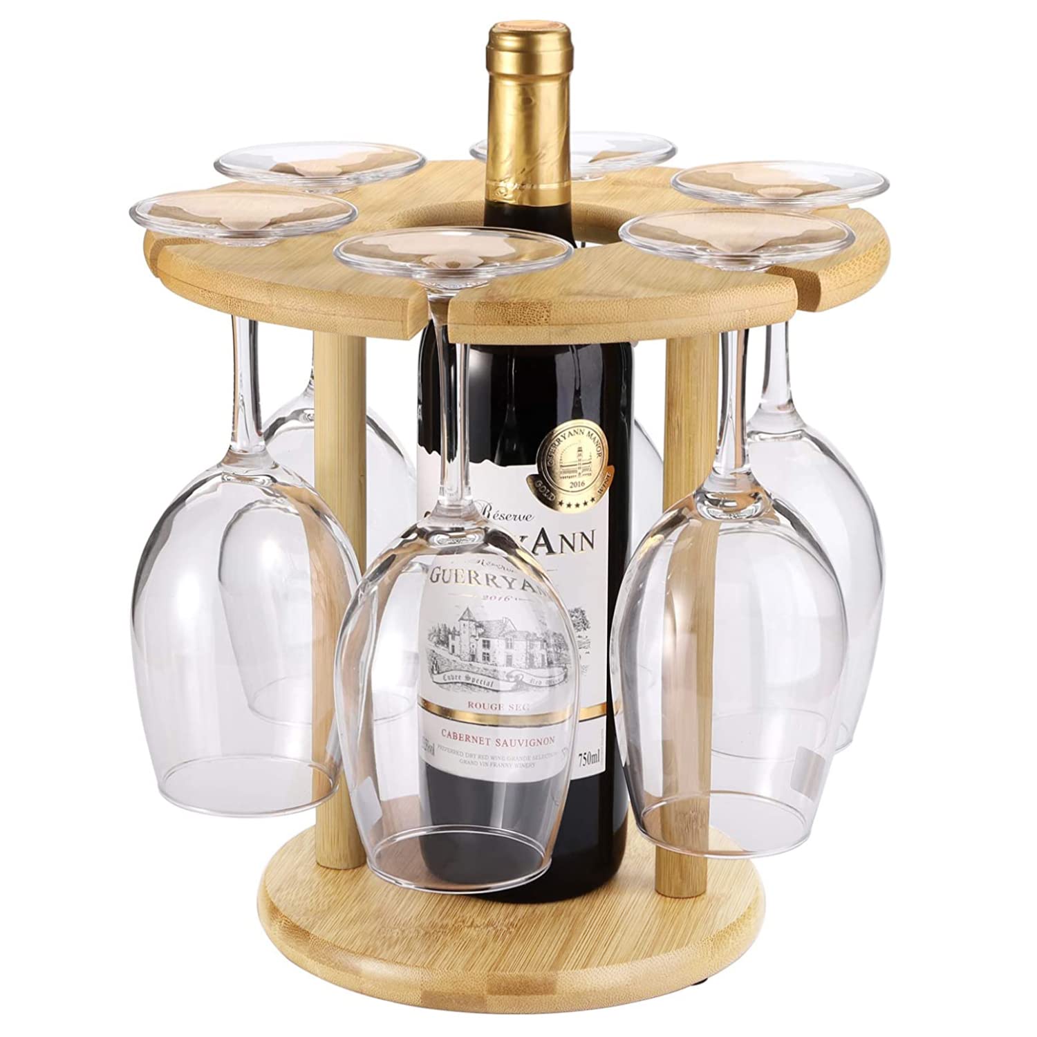 HOKIPO Bamboo Wine Glass Rack Counter Table Top Wooden Wine Bottle Storage Holder for Kitchen, Bar, Cabinets Holds 6 Glass (NEW-3829)