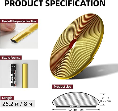 Miniatura 4 de Moldura para despegar y pegar, moldura en forma de D dorada mate flexible y autoadhesiva, 26.2 pies de moldura impermeable para paredes, bordes y