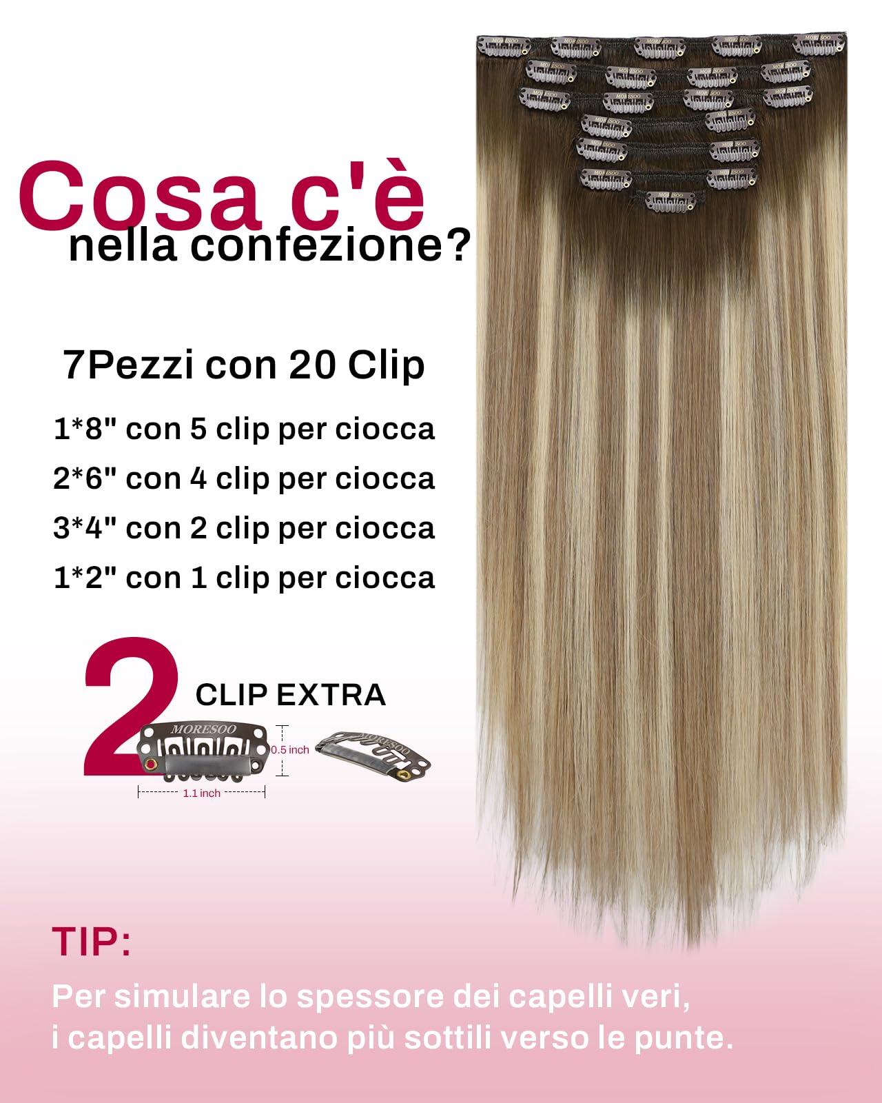 Moresoo Extension Capelli Veri Clip Balayage Remy Extension Clip Capelli Veri Lisci Marrone a Marrone Chiaro con Biondo Medio #3/8/22 45 cm 120g 7 Pezzi
