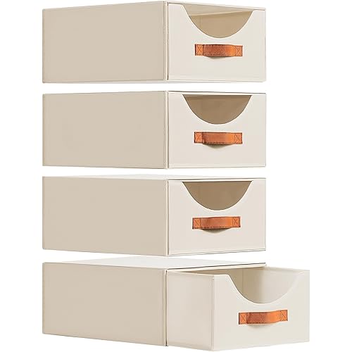 Closet Organizers and Storage - Large Storage Bins with Drawer, Fabric Clothes Organizers and Storage, Collapsible Storage Drawers Organizer for Bedroom, Living Room, 4 Pack, Beige