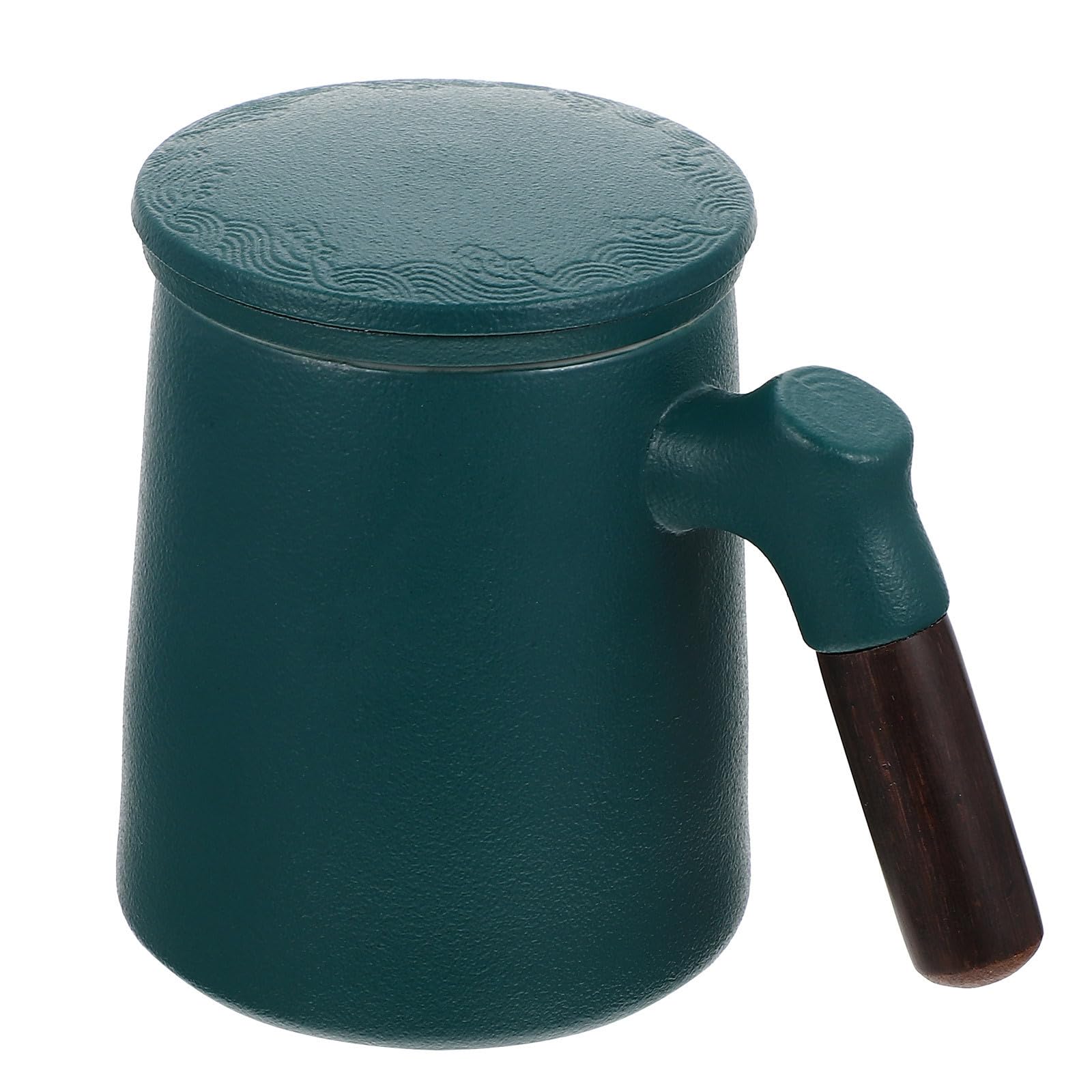 Hemobllo Taza de Té Capacidad 320ml y Base Antideslizante con Infusor y Tapa de Cerámica Verde, Mango de Madera Antiquemaduras para Oficina y Hogar