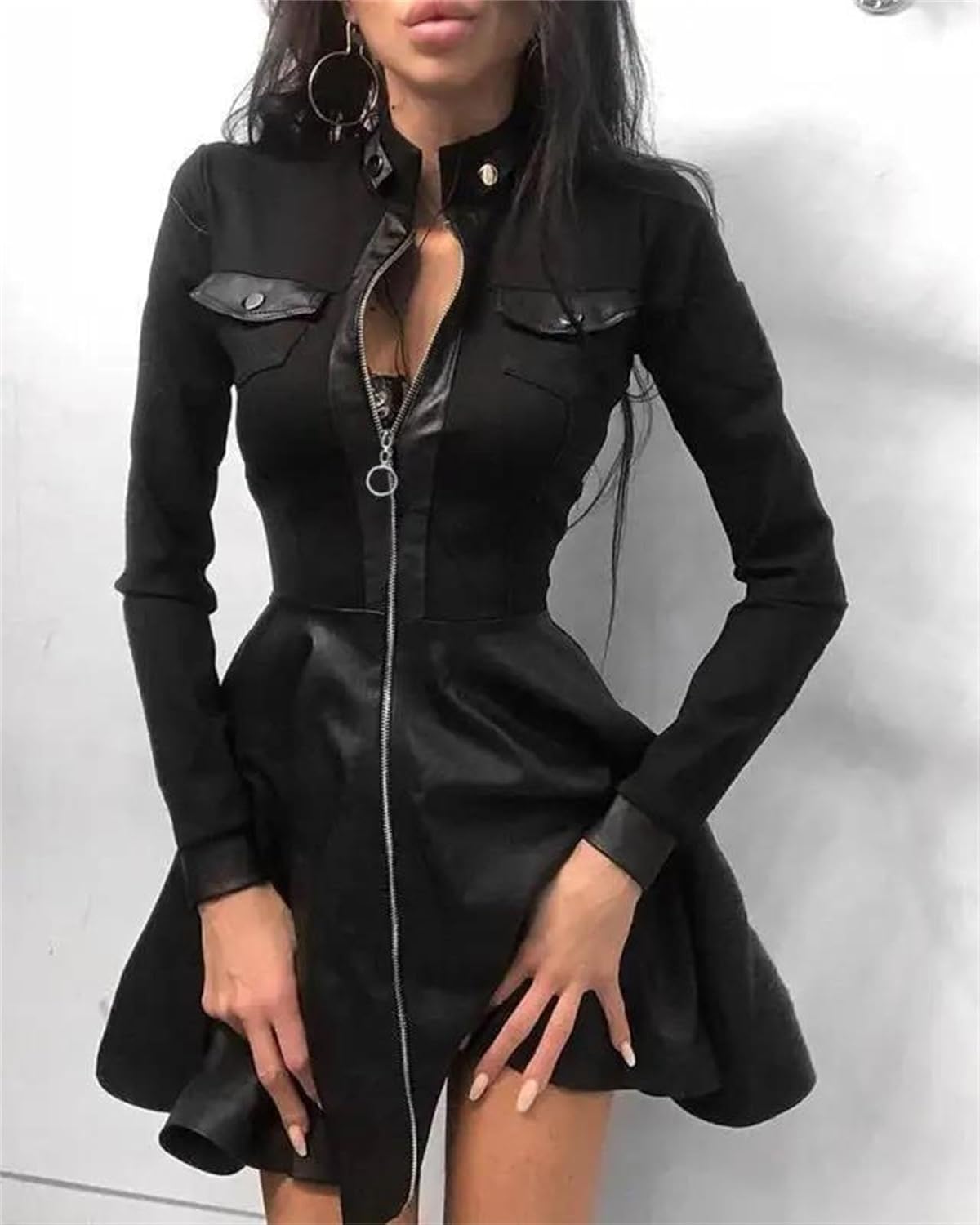 Women's Pu Leather Midi Dress V Neck Long Sleeve Zipper Pocket Slim Fit Dress Fall Winter Outfit