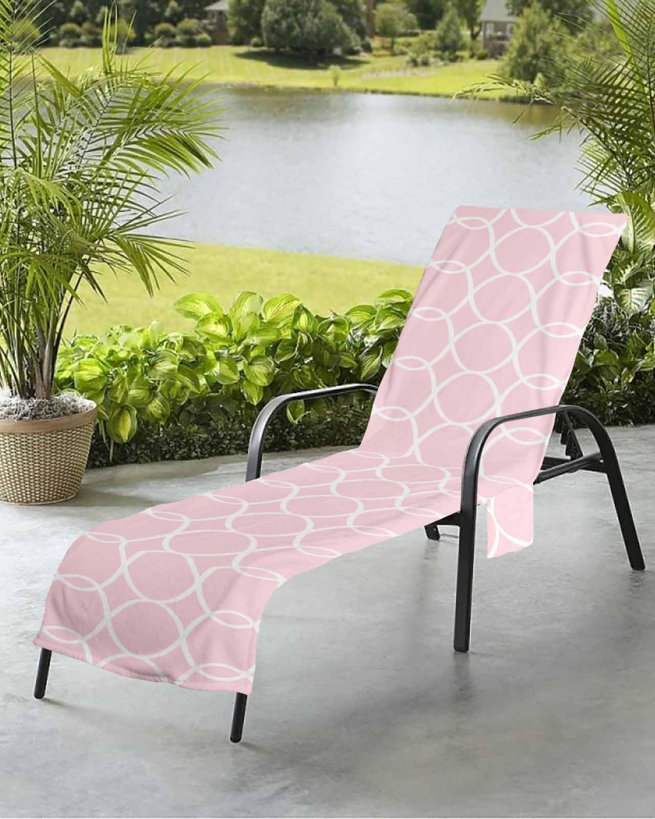 Geometric Abstract Beach Chair Towel Covers for Chaise Lounge with Side Pocket, Soft Plush Pool Towels Cover for Patio Sunbathing Outdoor 29''x85'' Contemporary Pink White Stripes Lines