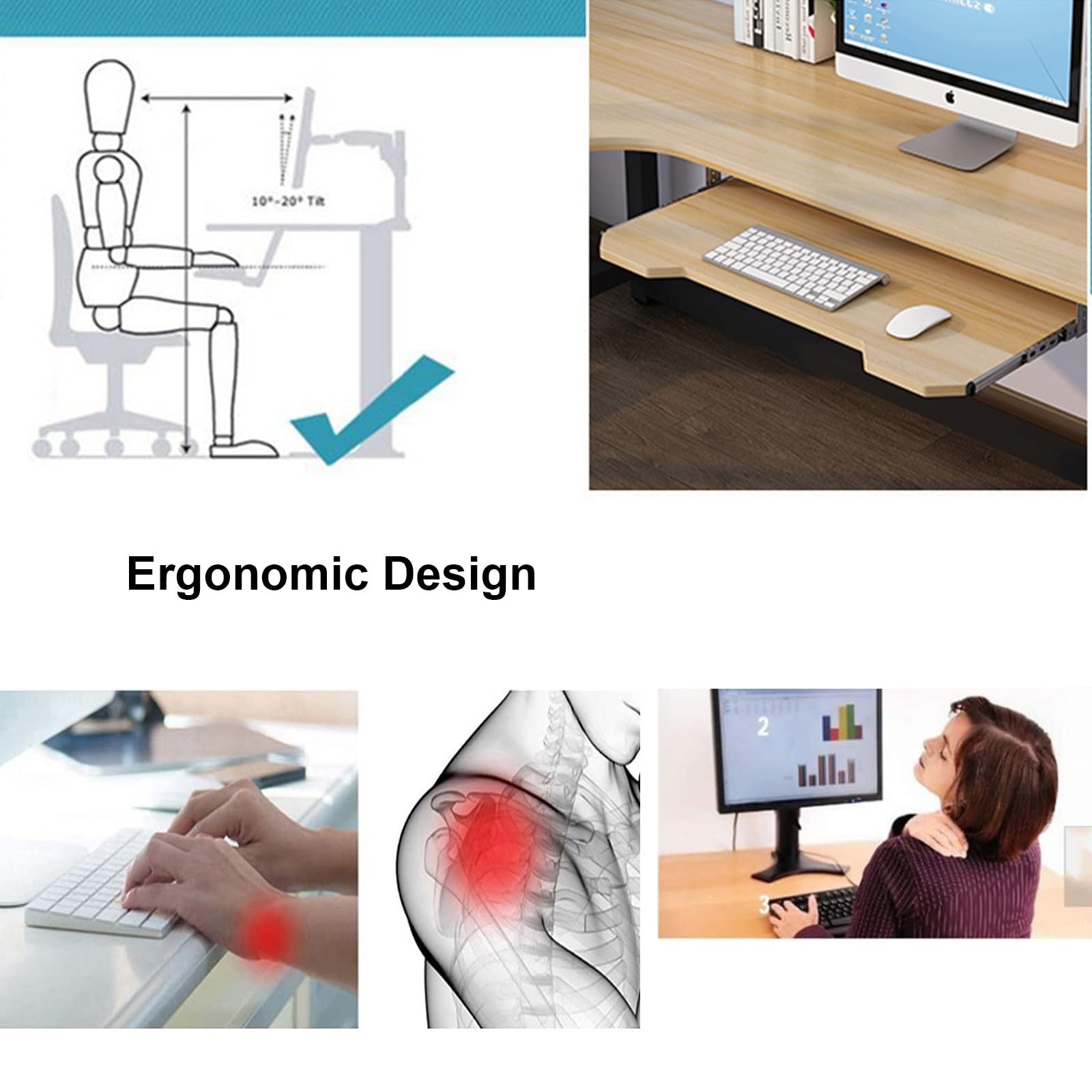 Ergonomiczne przedłużenie biurka – podbiurkowa platforma pod klawiaturą i myszką, regulowana, cicha, Ra, 60 x 30 cm, wykończenie tekowe, oszczędność miejsca, wysuwana taca na klawiaturę