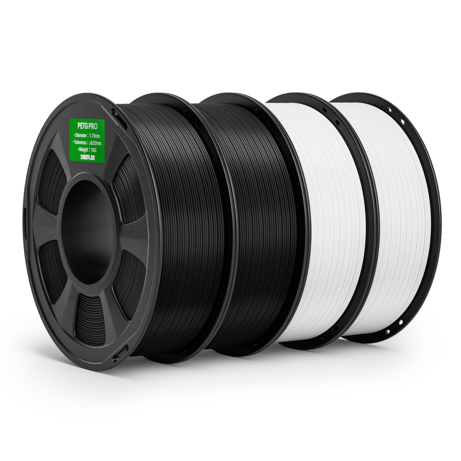 DEEPLEE PETG Pro Filamento 1.75 mm - Kit da 4 Bobine (Nero x2, Bianco x2), Totale 4 KG, Alta Resistenza e Tenacità, Prestazioni di Stampa Ottimizzate, Resistenza Climatica, per Stampanti 3D FDM