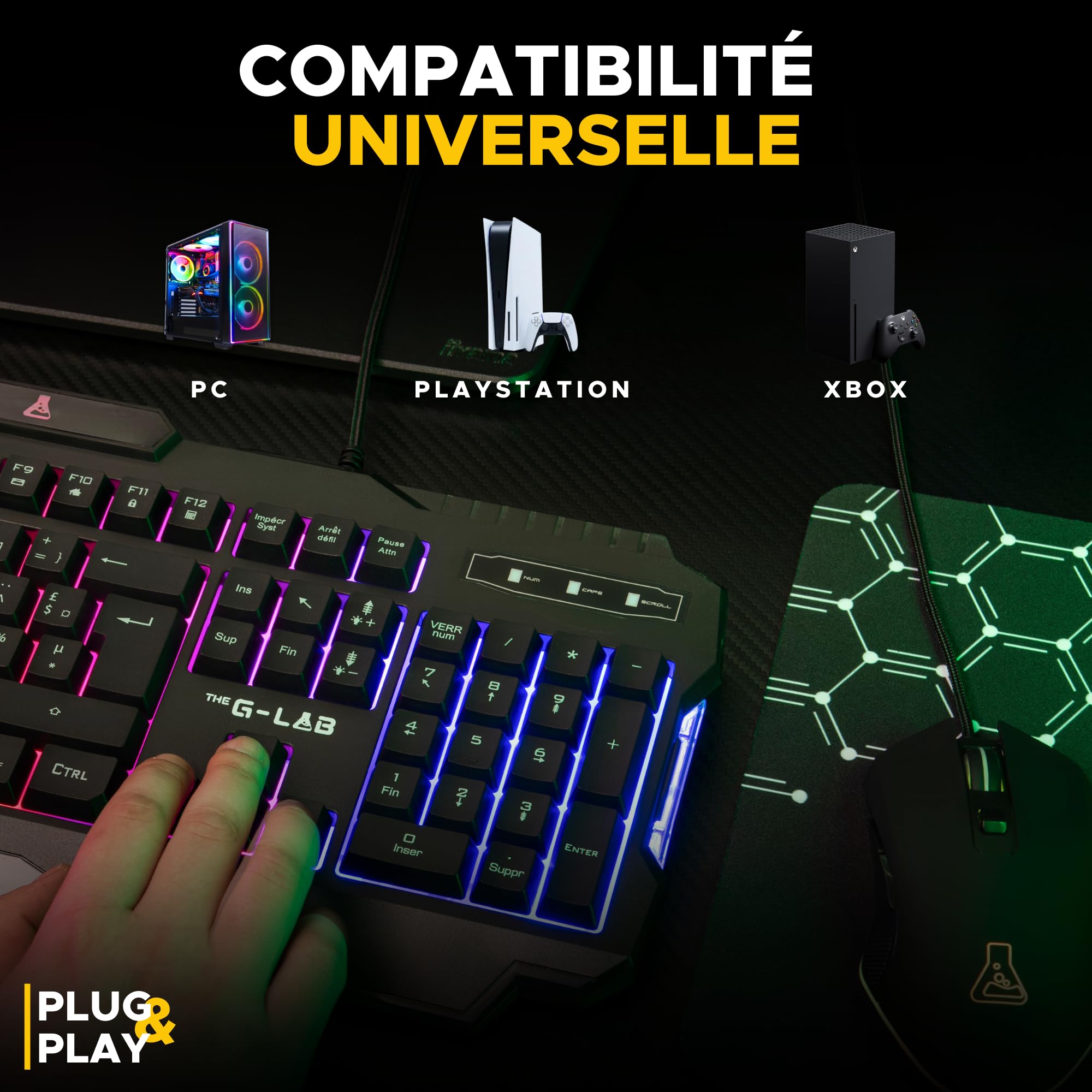 The G-Lab - Combo Hélium - Ensemble Gaming 3 en 1 - Clavier Gamer Azerty Rétroéclairé, Souris Gamer 6400 Dpi, Tapis De Souris Antidérapant - 6 Touches Anti-ghosting - Pack PC/PS4/PS5/XBOX