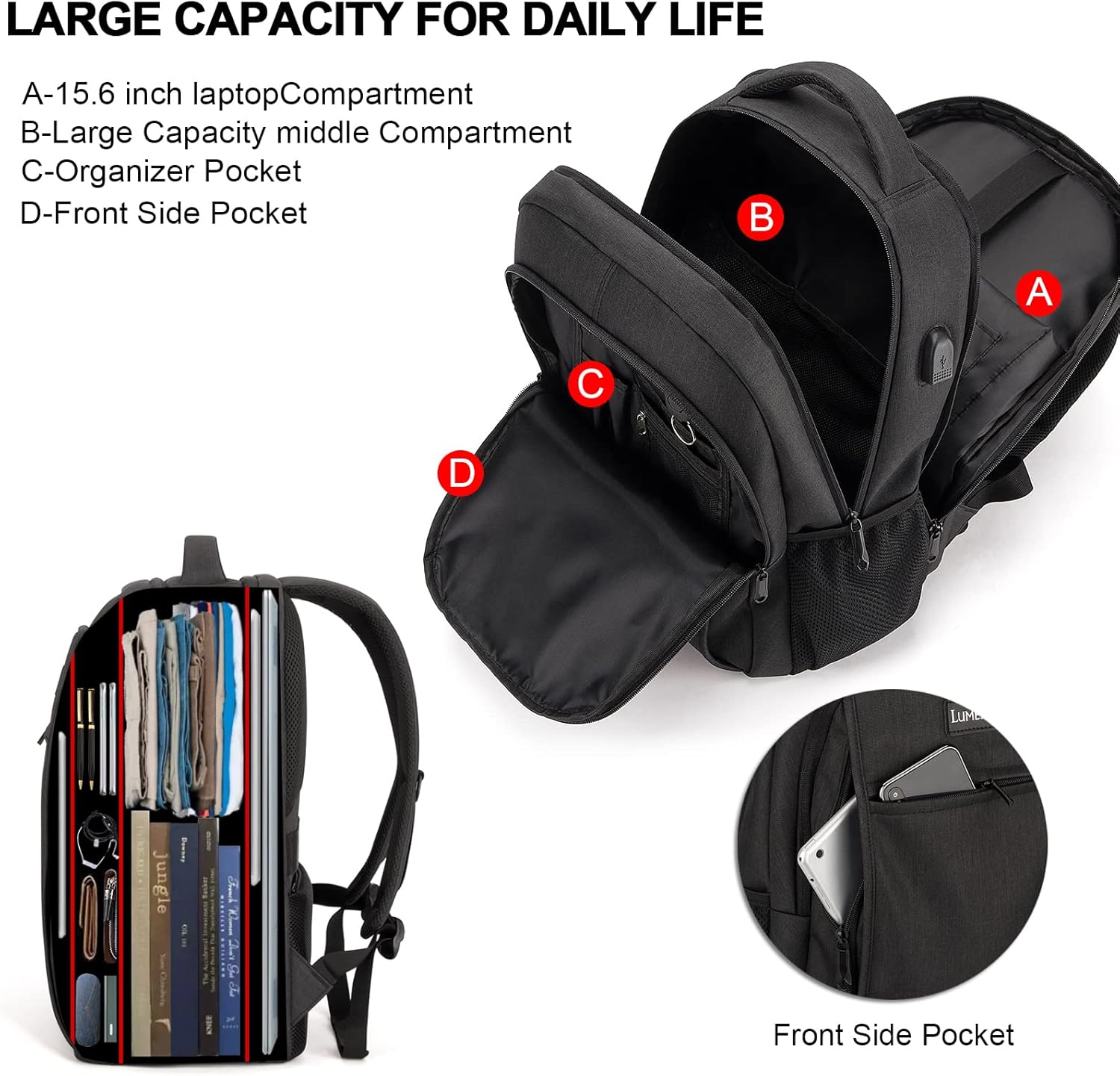 Laptop Backpack for Men,Water Resistant Travel Laptop Backpack with USB Charging Port,Anti Theft College School Backpack - Image 3