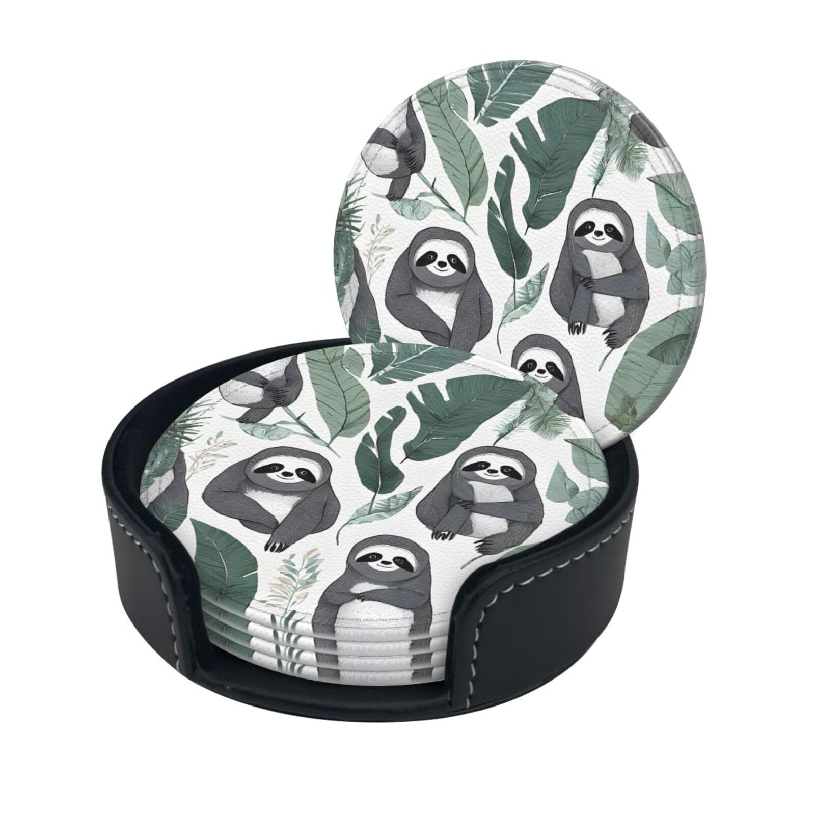 Adorable Sloth Print Coaster,Round Leather Coasters with Storage Box for Wine Mugs,Cold Drinks and Cups Tabletop Protection (6 Piece)