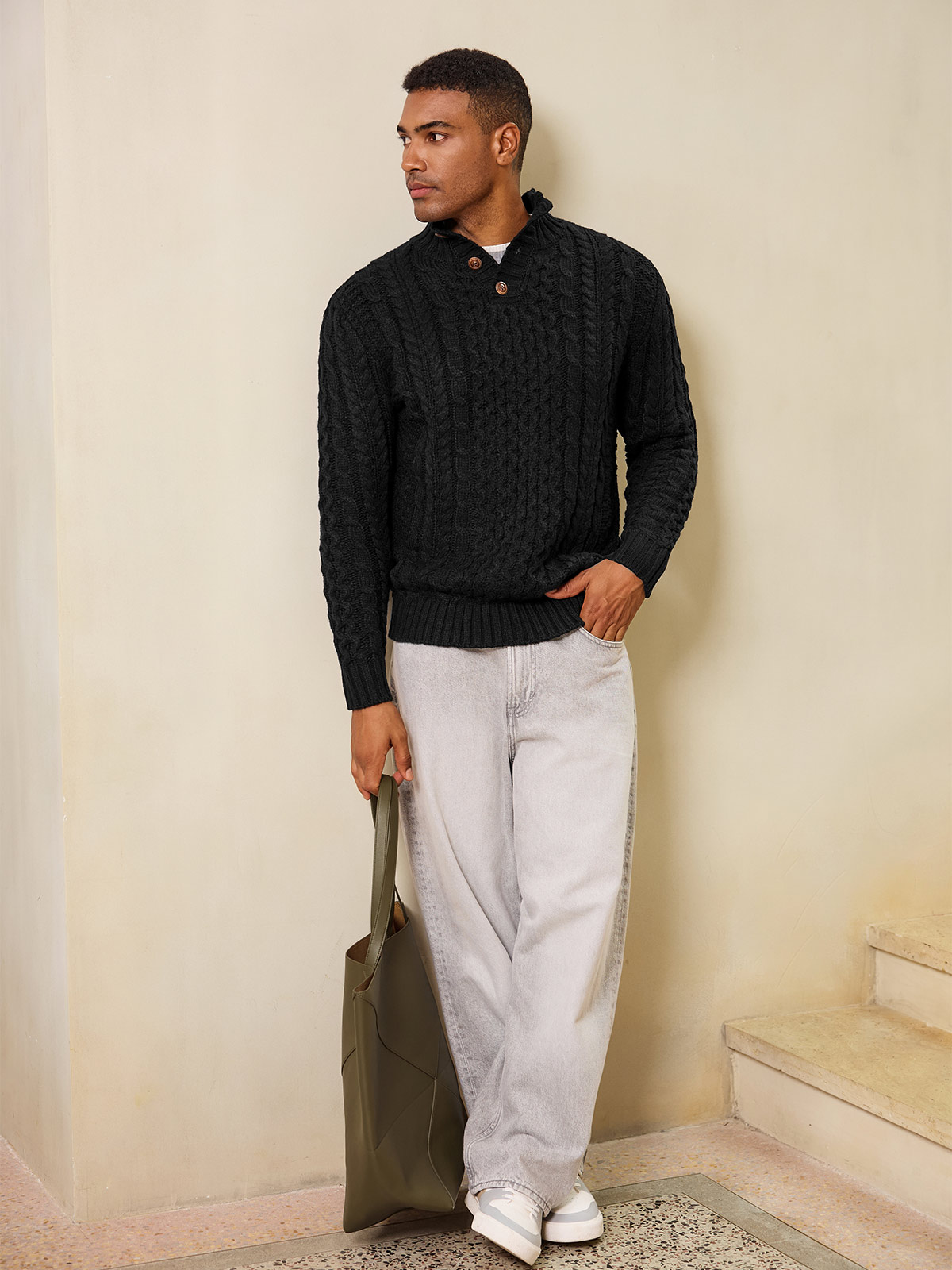 Bbalizko Mens Stand Collar Pullover Sweater Cable Knitted Chunky