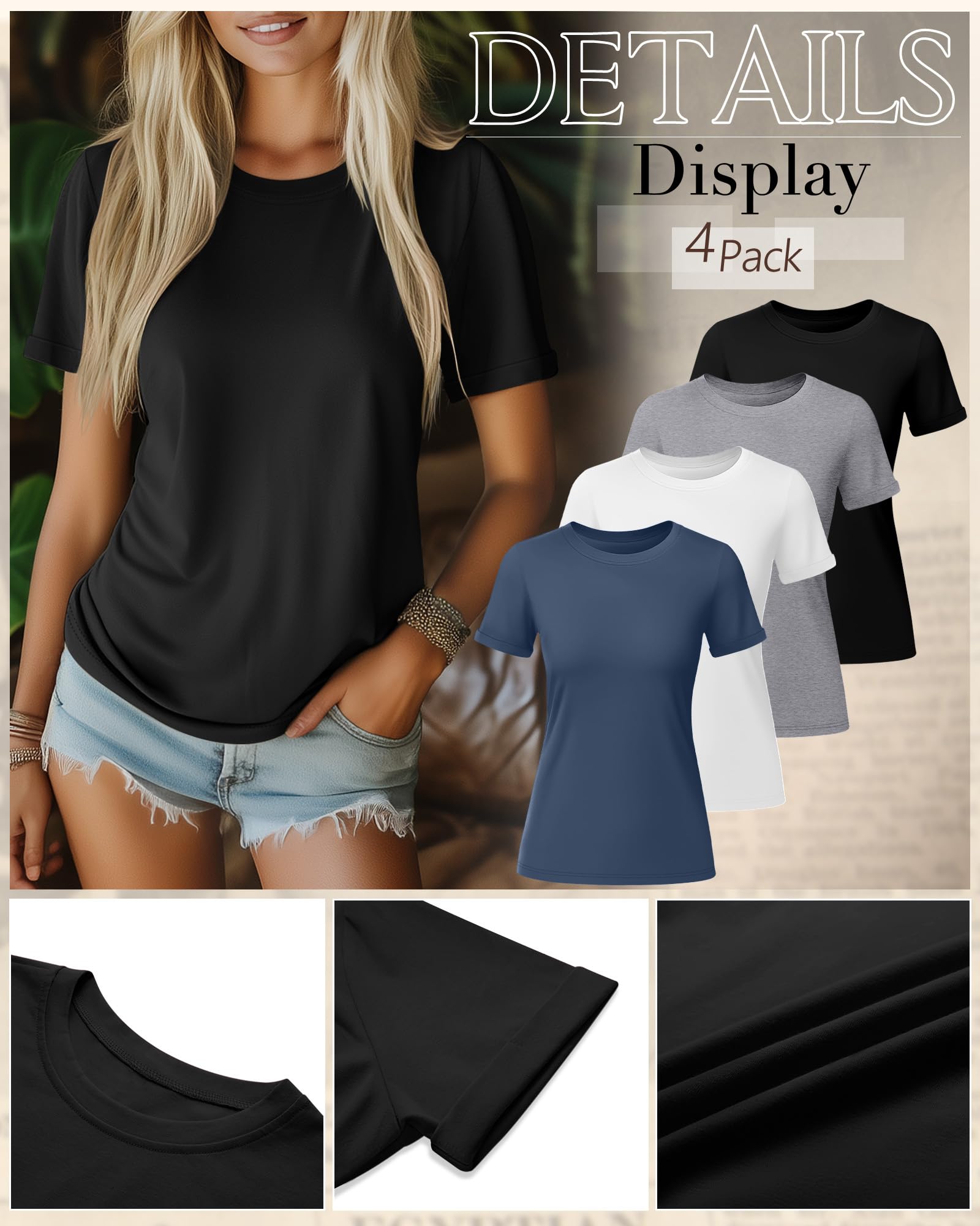 Ficerd 4er-Pack Damen-Baumwoll-T-Shirts Lässige Kurzarm-Tops Sommer-Shirt mit Lockerer Passform und Hochgekrempelten Ärmeln