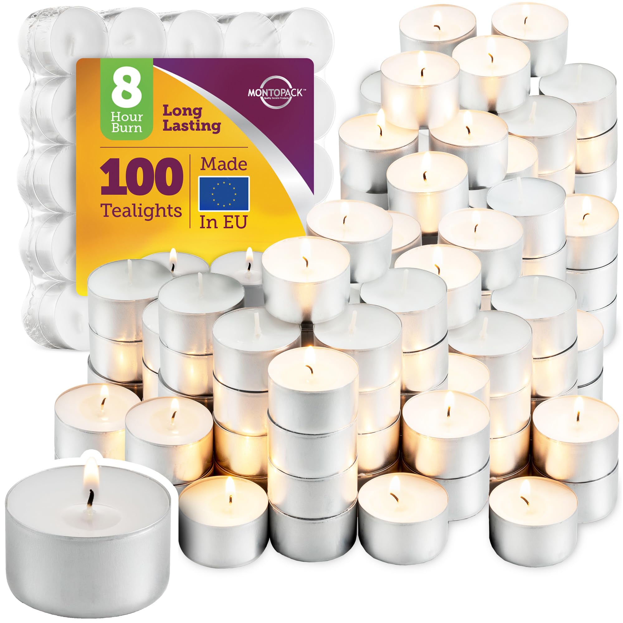 MontoPack Unscented White Tealight Candles Bulk [100] | 8 Hours of Smokeless, Dripless, Long Lasting Burning Paraffin Tea Lights | Small Votive Mini Candles for Home, Shabbat, Weddings & Emergencies