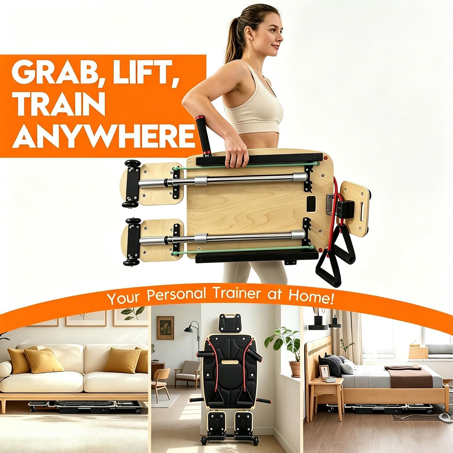 Tabla De Pilates Reformer para Entrenamiento En Casa, Tabla De Pilates Plegable De Madera con Almohadillas Dobles Y Divididas para Los Pies, Bandas De Resistencia Ajustables, Black