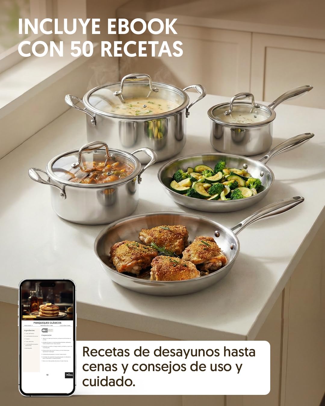 La Moustache - Batería de Cocina de Acero Inoxidable 8 Piezas con Tapas de Vidrio (Ø16/20/24 cm) - Juego de Ollas y Sartenes para Inducción, Sin Recubrimientos, Apta Lavavajillas (Titan Inox) — view 10