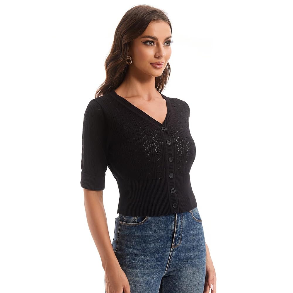 Women's V Neck Cropped Cardigan, Short Sleeve Casual Button