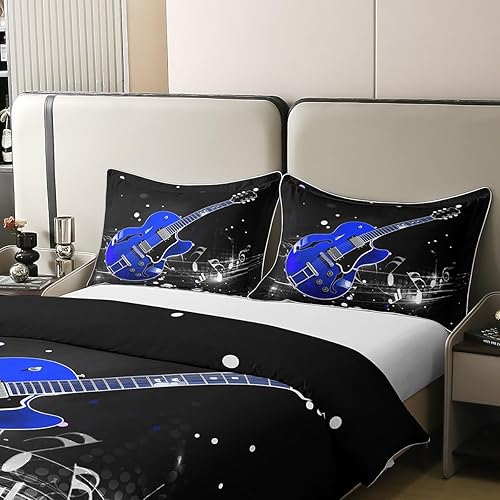 Miniatura 4 de Funda de edredón de guitarra, 100% algodón natural, tamaño King, temática musical, retro, nota musical, funda de edredón para adolescentes y