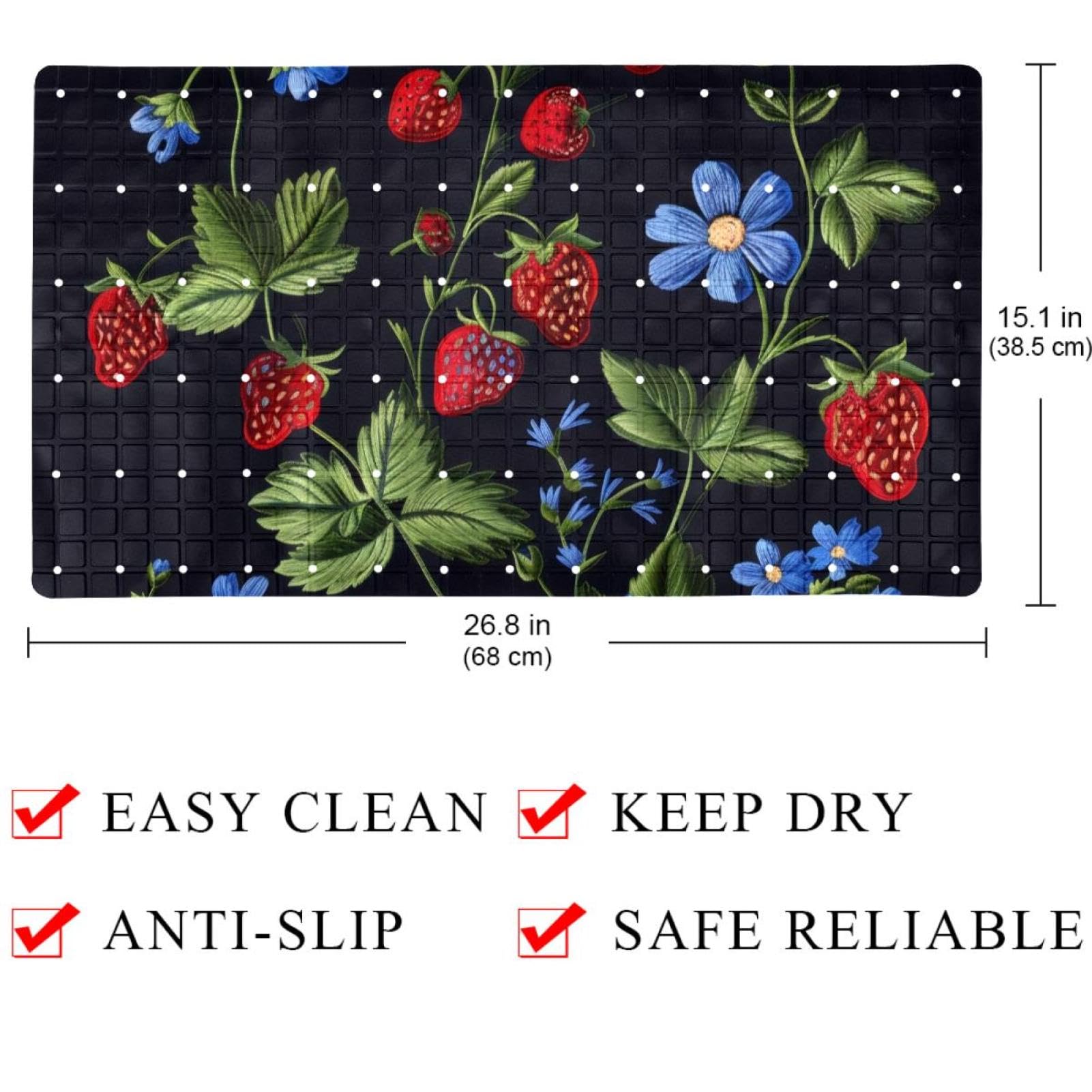 Rutschfeste Badematten für Badezimmer, Motiv: Erdbeerpflanze mit Blättern, rechteckige Badewannenmatte, maschinenwaschbar, 40 x 70 cm