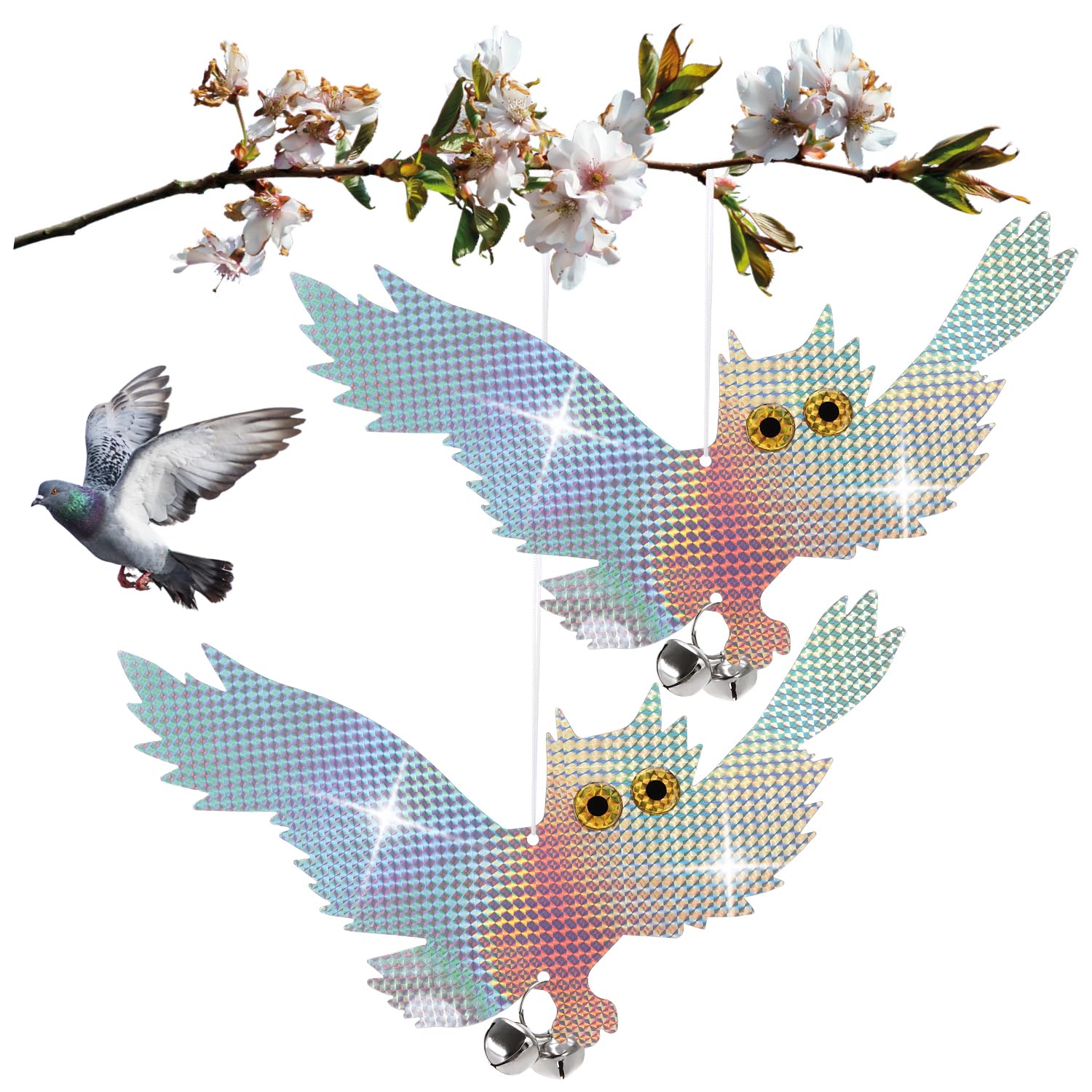 com-four® 2X Eulenattrappe - tierwohlfreundliche Vogelabwehr - künstlicher Raubvogel zum Aufhängen - Vogelschreck, sitzender Uhu mit Glöckchen und reflektierender Folie (02 Stück - Eule V2)