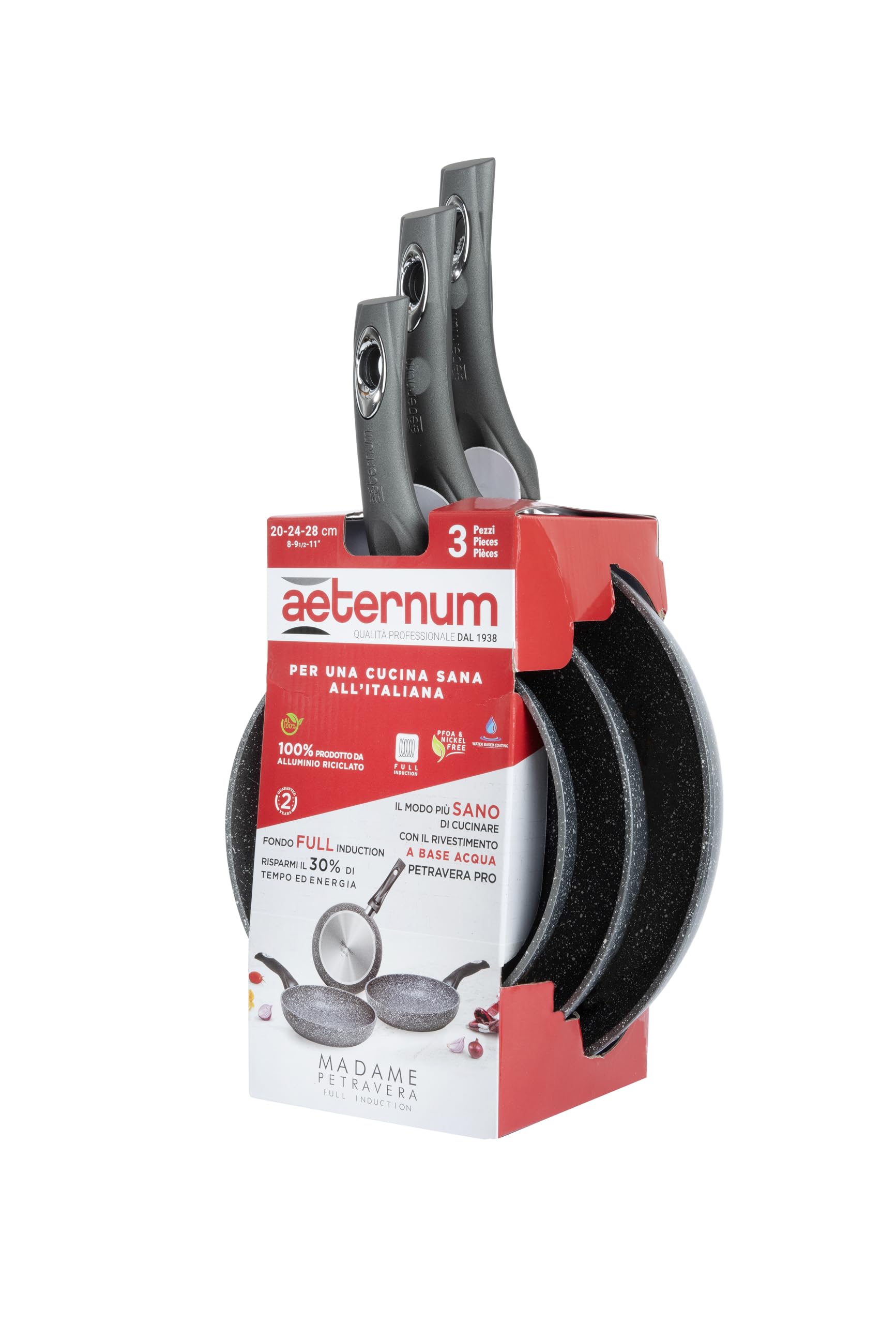 Aeternum, Madame Petravera 3.0, Tris Padelle Antiaderente, Ideale per Induzione, Diametro 20-24-28 cm, Full Induction, Grigio