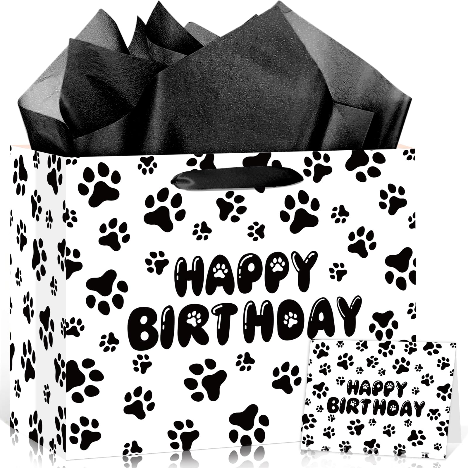 Funny Pet Paw Print Birthday Gift Bags Dog Paw Gift Bag Wrapping Paper Bag with Tissue Paper Greeting Cards Dog Birthday Party Decorations for Boys Girls Baby Shower Bday Party Favors Decor