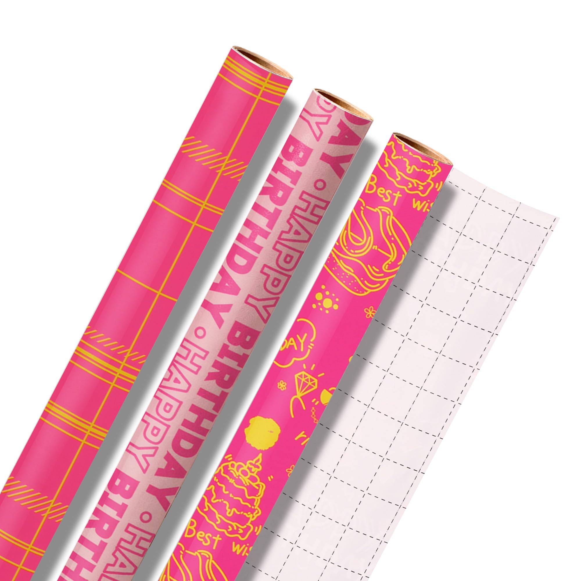 Neloheac Birthday Wrapping Paper, 3 Rolls, Pink Birthday Patterns