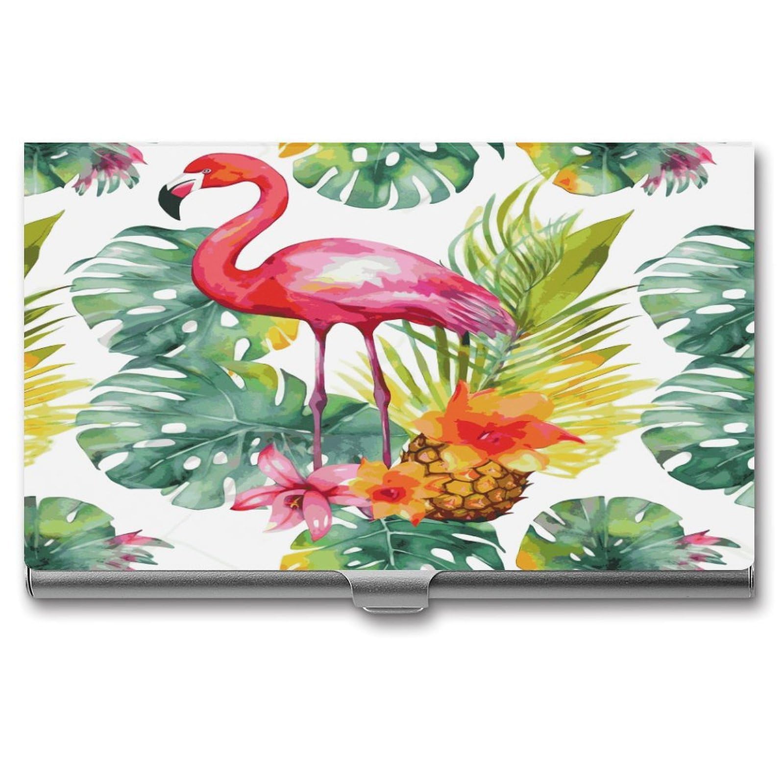 FekiLoot Tropical Watercolor Pineapple Flamingo Business Card Holder for Men Women Metal Slim Organizer Business Card Carrier Wallet Name Cards Holder Retro Slim Pocket Purse Small Portable Card Case