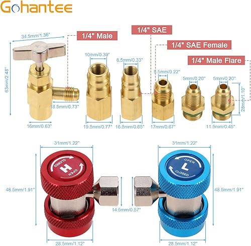 Miniatura 2 de Adaptador de acoplador rápido ajustable de CA R134A, kit alto y bajo con válvula de grifo de perforación R134A, adaptador de tanque R134A, 2