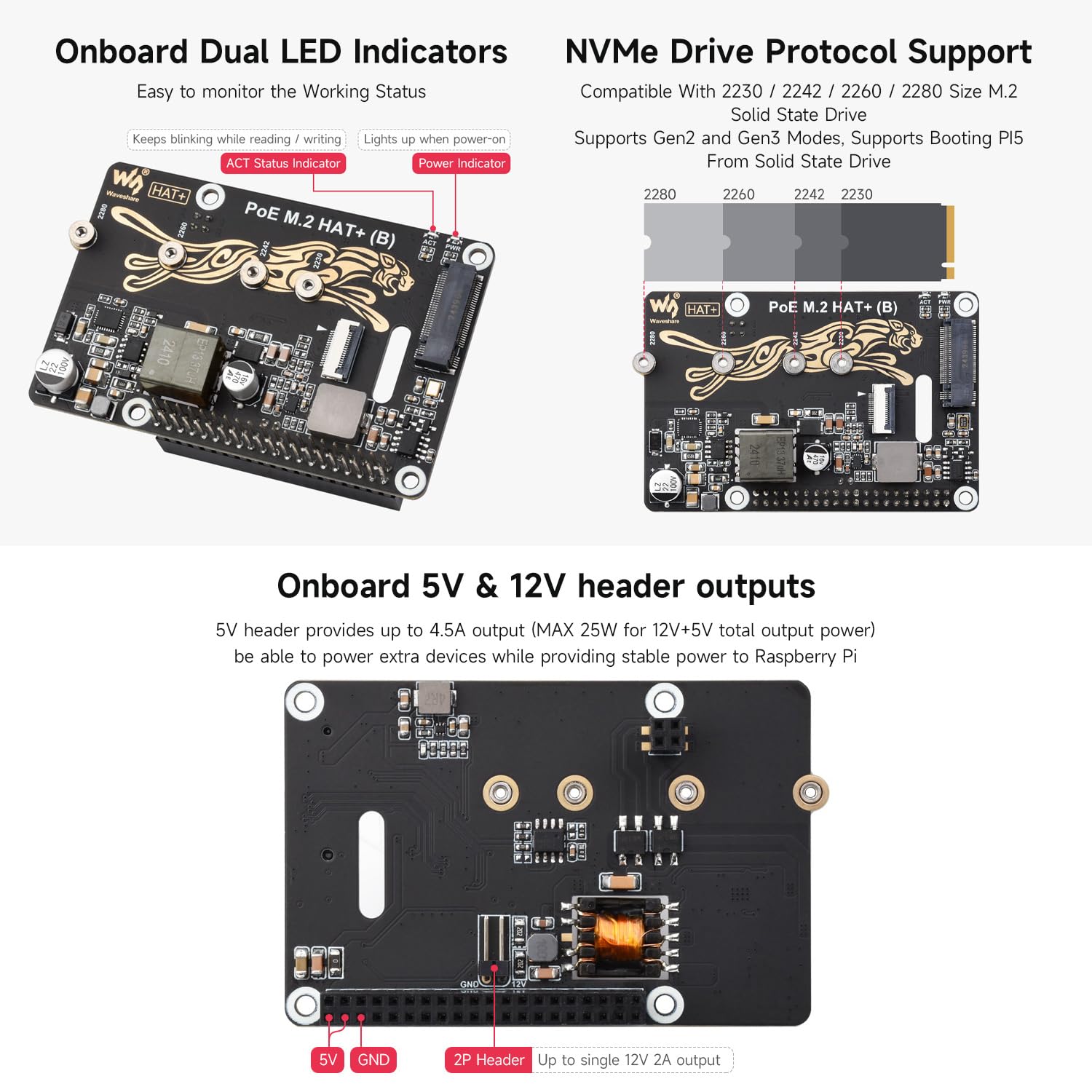 Waveshare PCIe to M.2 Adapter with PoE Function HAT+ (B), Compatible with Raspberry Pi 5, Supports POE NVMe Drive Protocol 2230/2242 / 2260/2280 M.2 Solid State Drive, High-Speed Reading/Writing