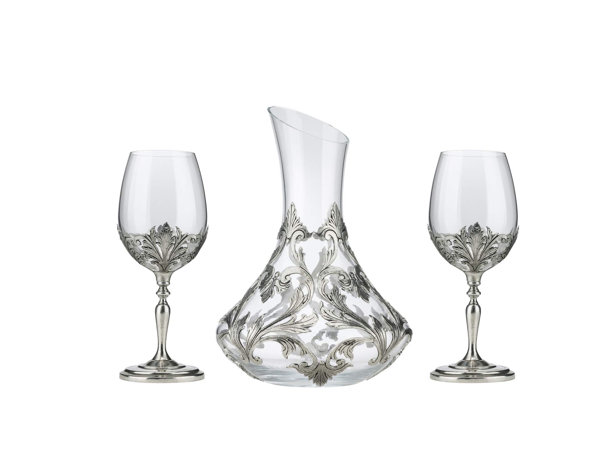 JD Pewter 3-piece Glass Set, 48 Oz Decanter + two 14 Oz Glasses, Decorated with Silver Pewter Ornament, Handcrafted, Old-fashioned