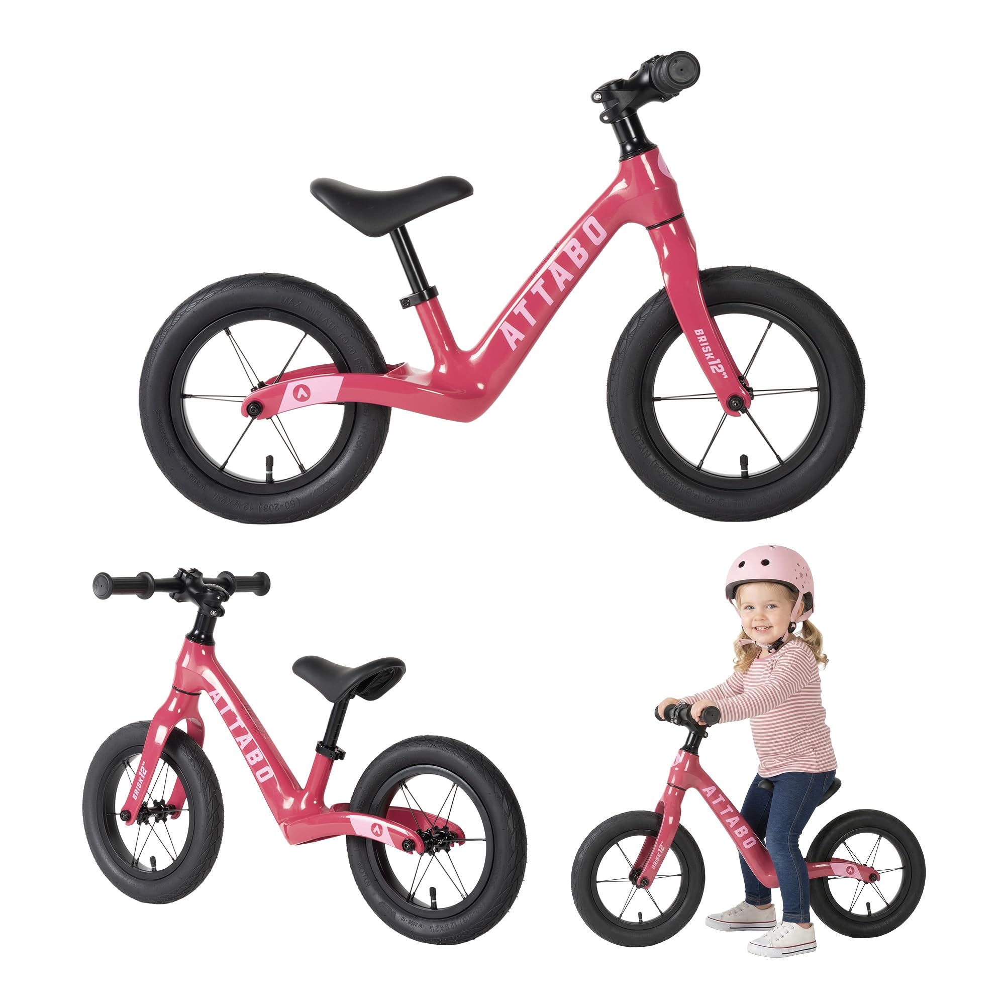 ATTABO Brisk - Bicicletta da corsa per bambini, con telaio in magnesio, 12", sella regolabile, peso leggero, 3,3 kg, per bambini, pedane sagomate, maggiore sicurezza, peso massimo fino a 25 kg