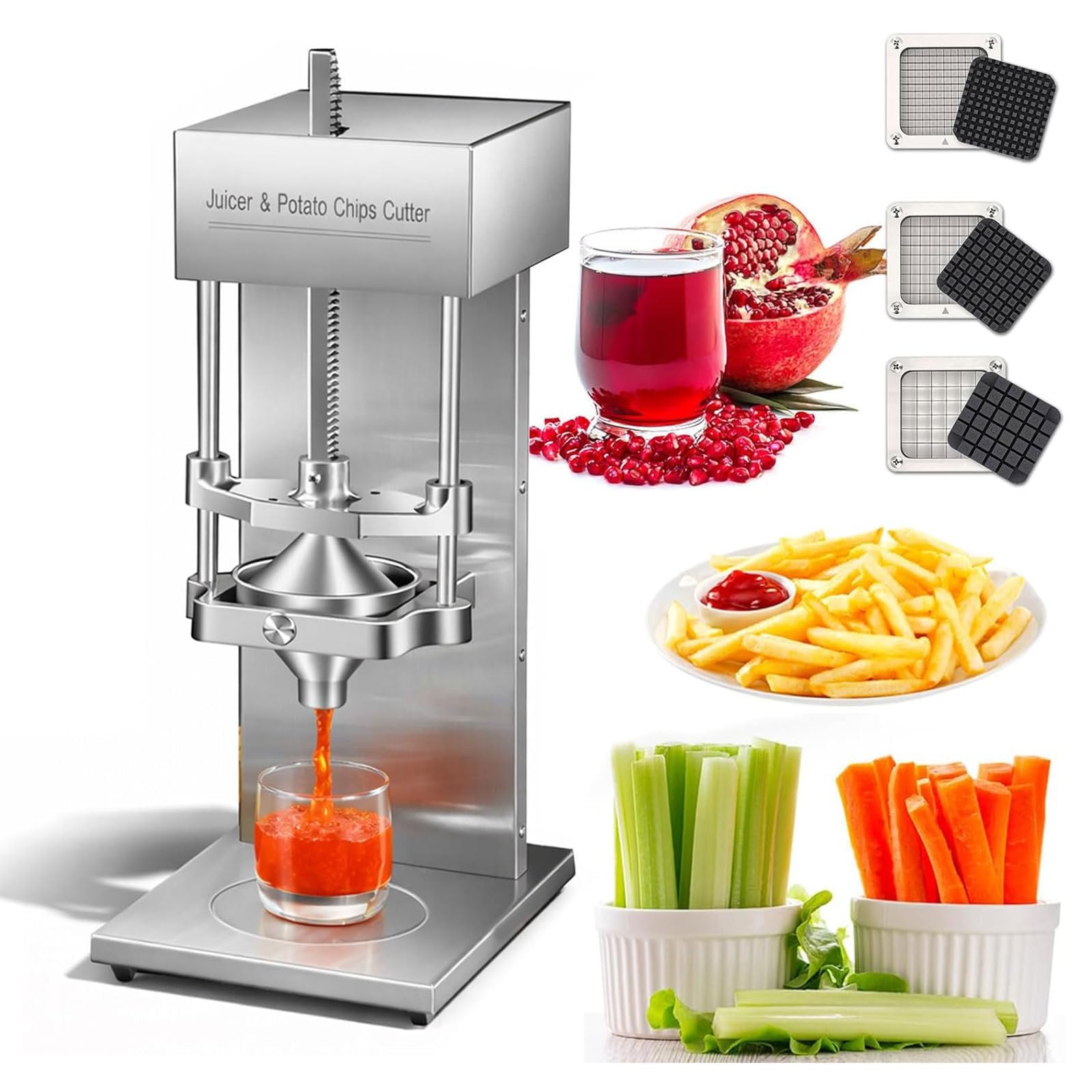 SICWEDIM Commercial French Fry Cutter & Juicer,2 in 1 Electric Citrus Juicer Press Extractor with 3-Blades,Heavy Duty Automatic Potato Cutter & Orange Lemon Juicer,for Potato, Carrot,Cucumber Strips